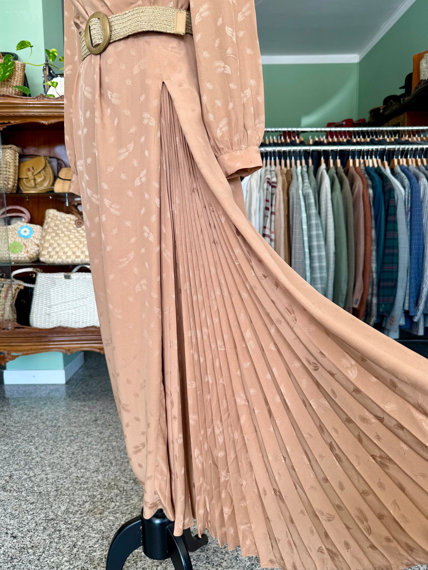 Abito sartoriale anni ’70 in pura seta – Bronzo con motivo jacquard - TG. 40