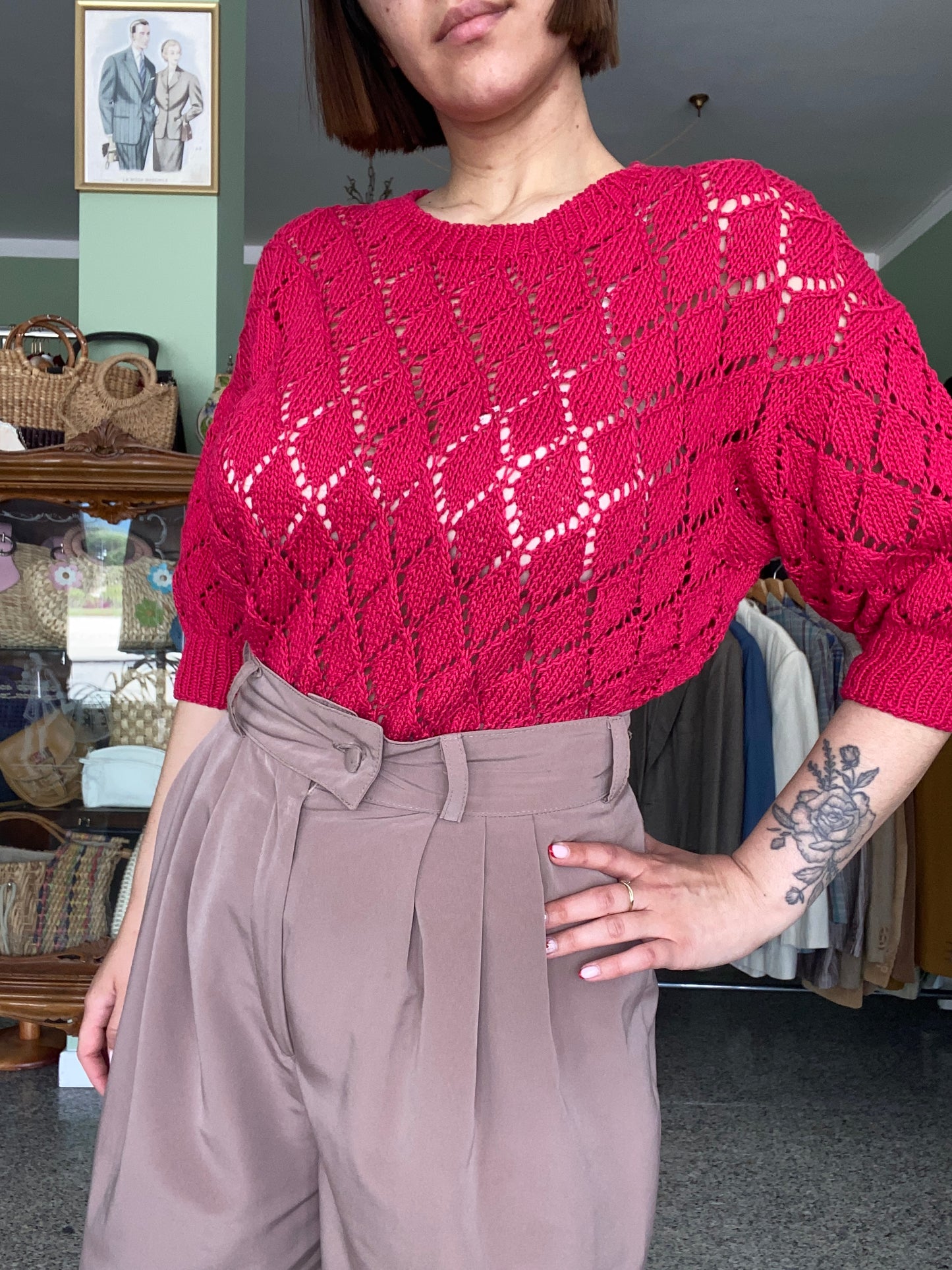 Maglia traforata vintage rosso ciliegia (anni ’80 – fatta a mano) - TG. 40/42 circa