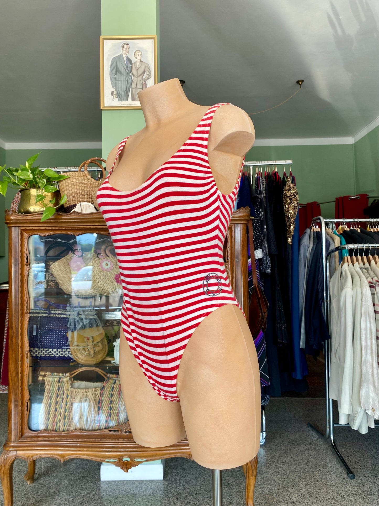 Costume da bagno anni ‘80 a righe rosse e bianche - TG. 38 circa