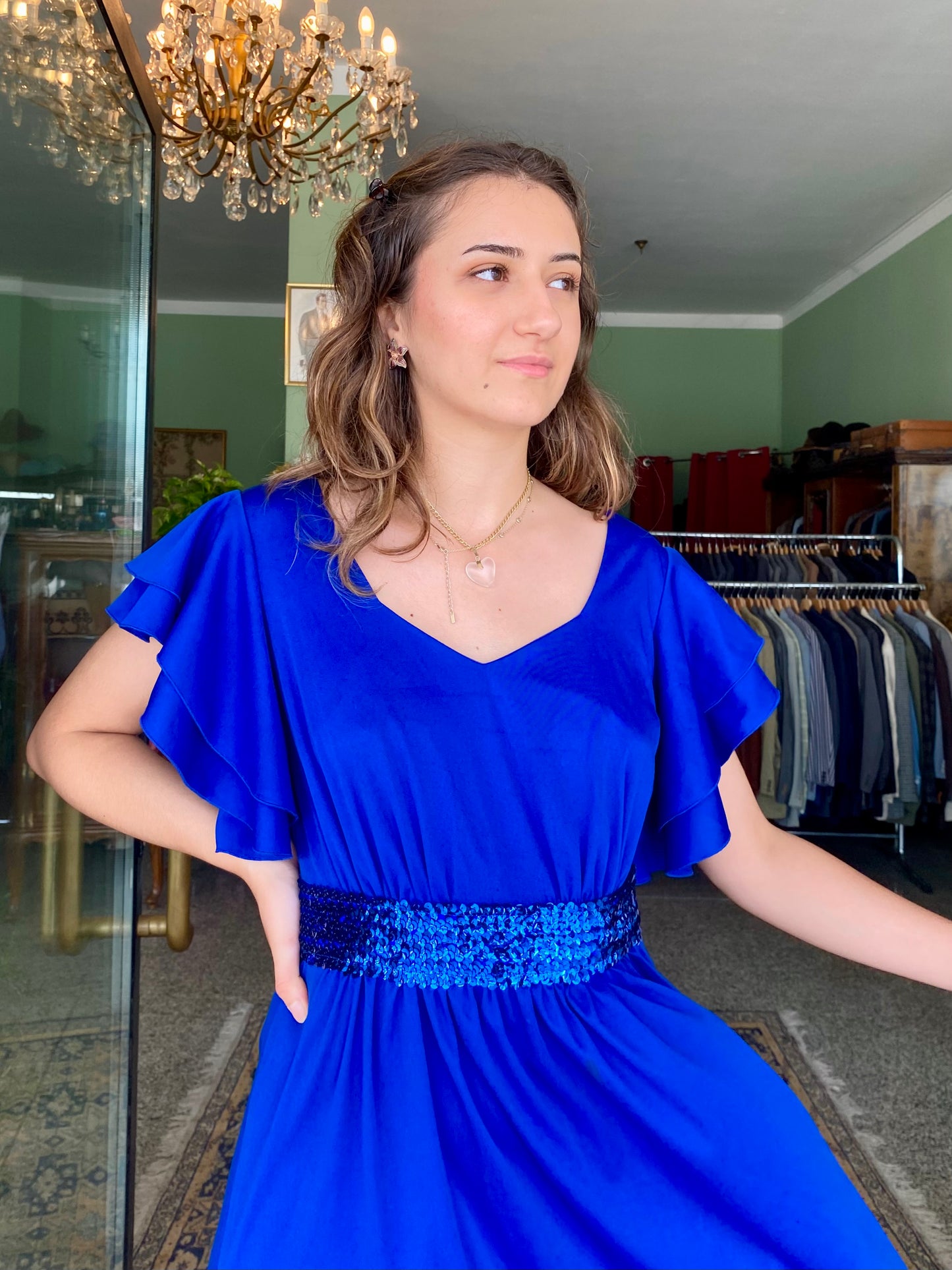 Maxi dress anni ‘70 blu con strass - TG. 40/42