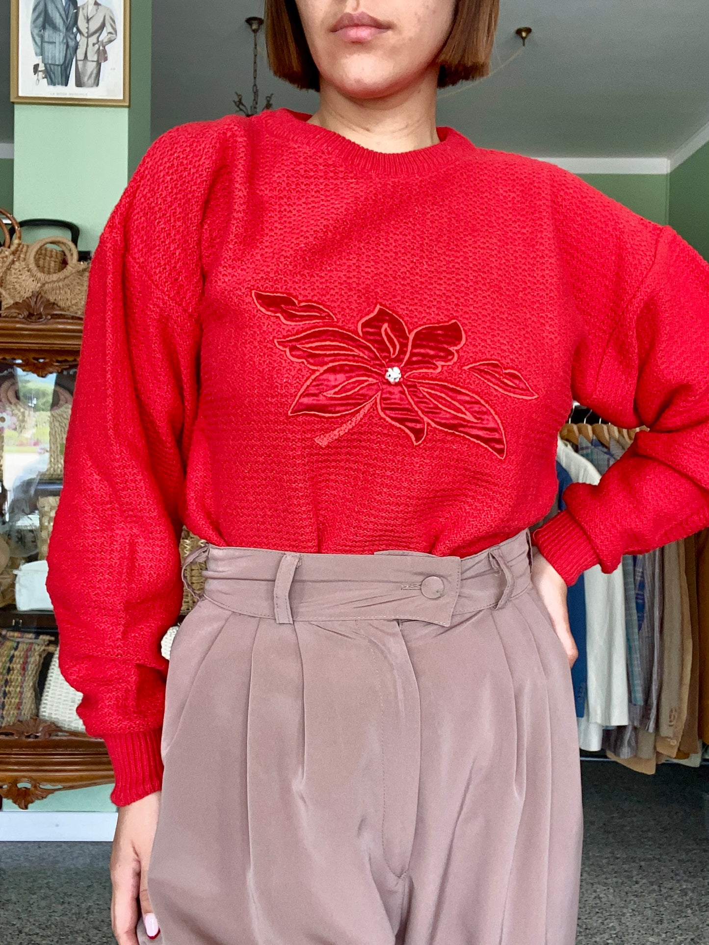 Maglia vintage rossa con ricamo floreale – anni ’80 - TG. 40/42/44 circa