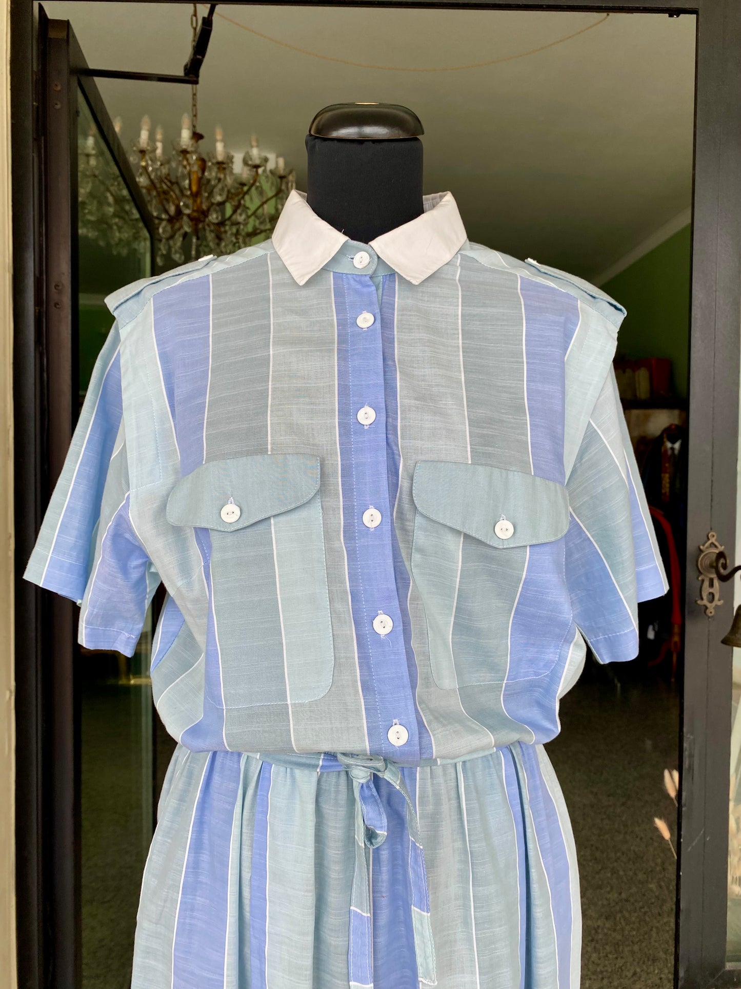 Abito chemisier vintage in cotone a righe azzurre - TG. 40/42