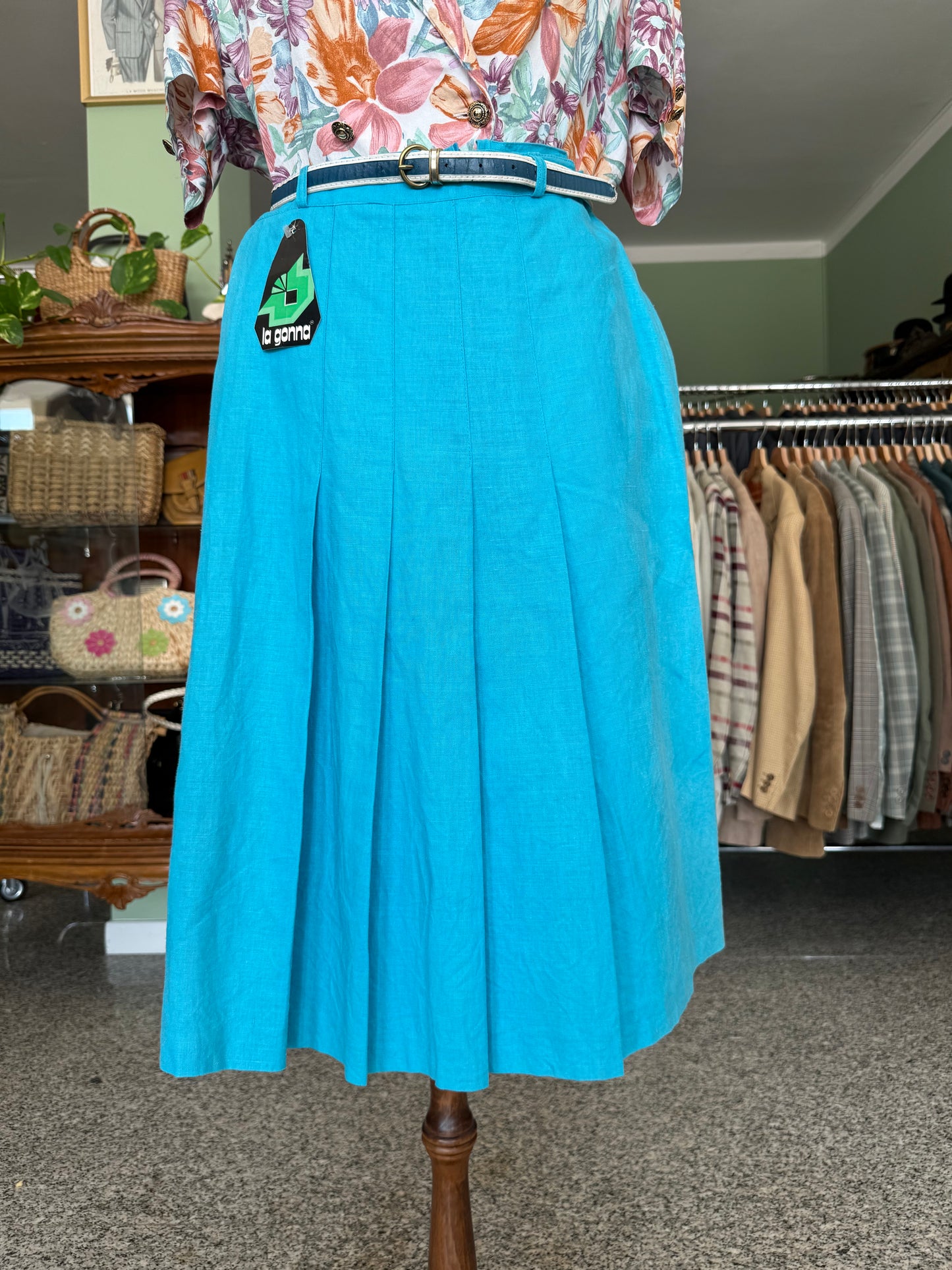 Gonna turchese anni ‘70 in lino e cotone - TG. 40