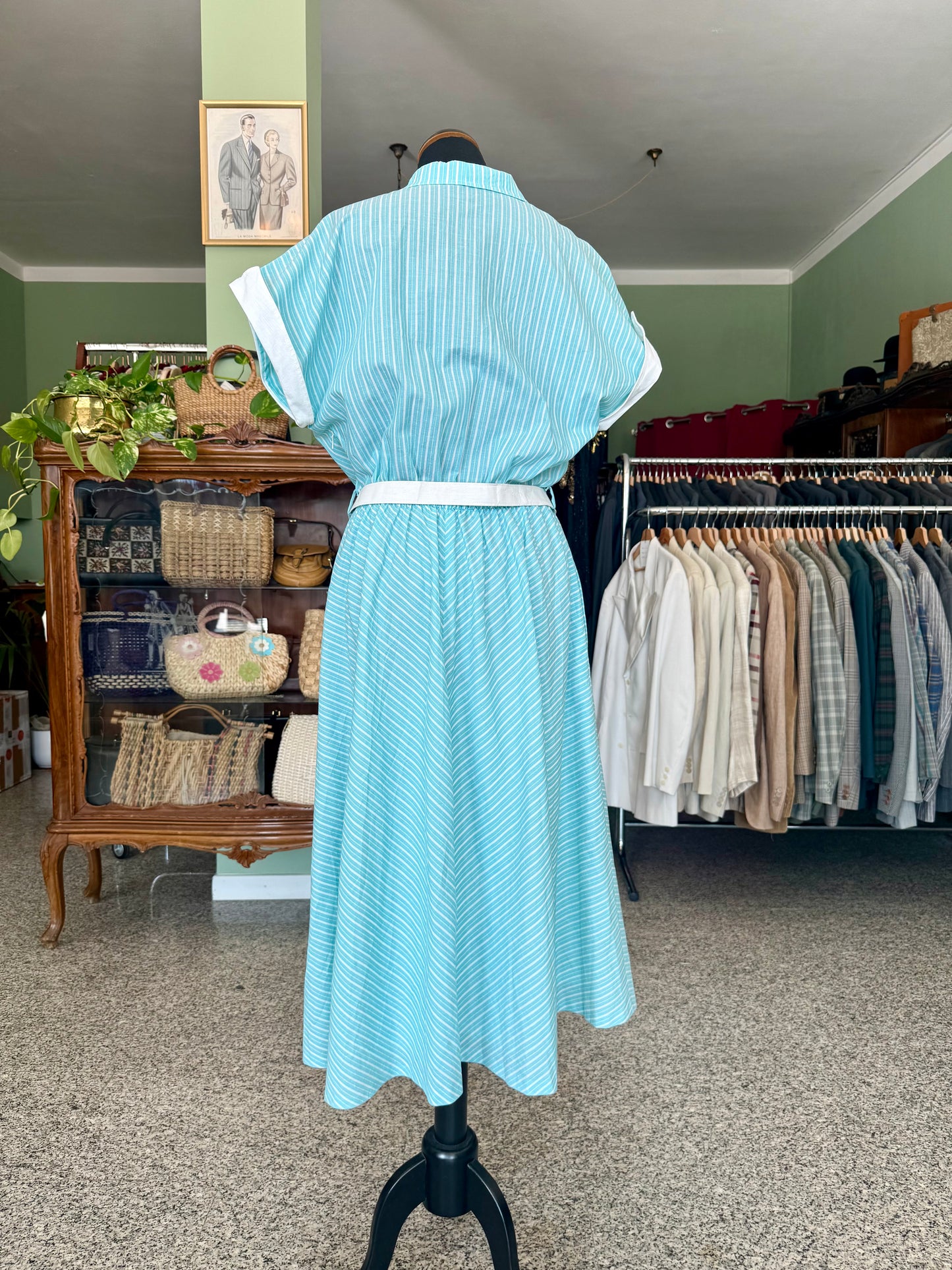 Abito anni ’80 stile rockabilly con righe bianche e turchesi - TG. 46
