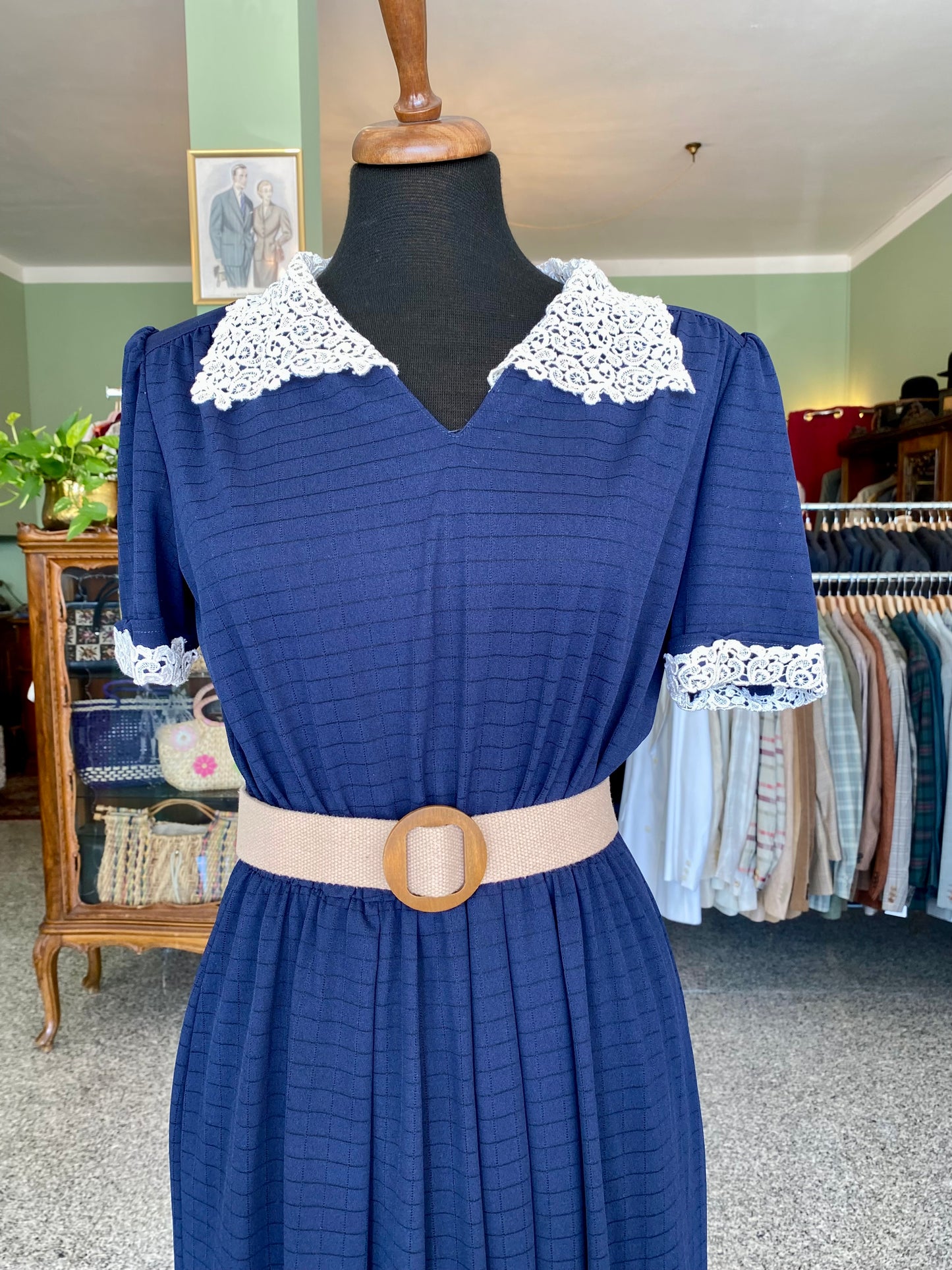 Abito plissettato anni '80 blu navy con pizzo bon ton - TG. 42 circa