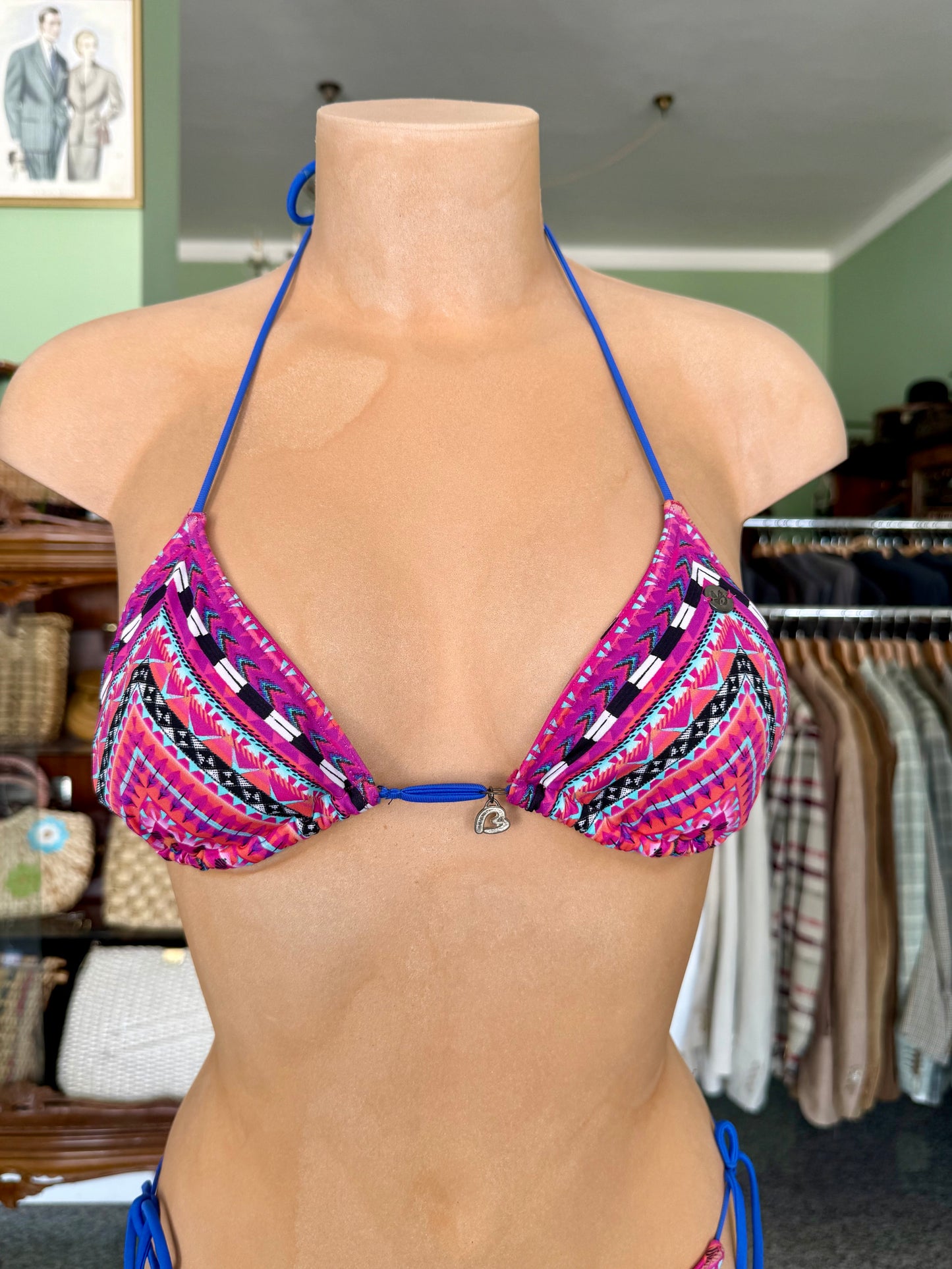 Bikini fucsia etnico con lacci blu - TG. 36/38