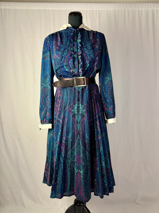 Abito anni ‘70 in paisley blu con colletto bianco - TG. 44/46