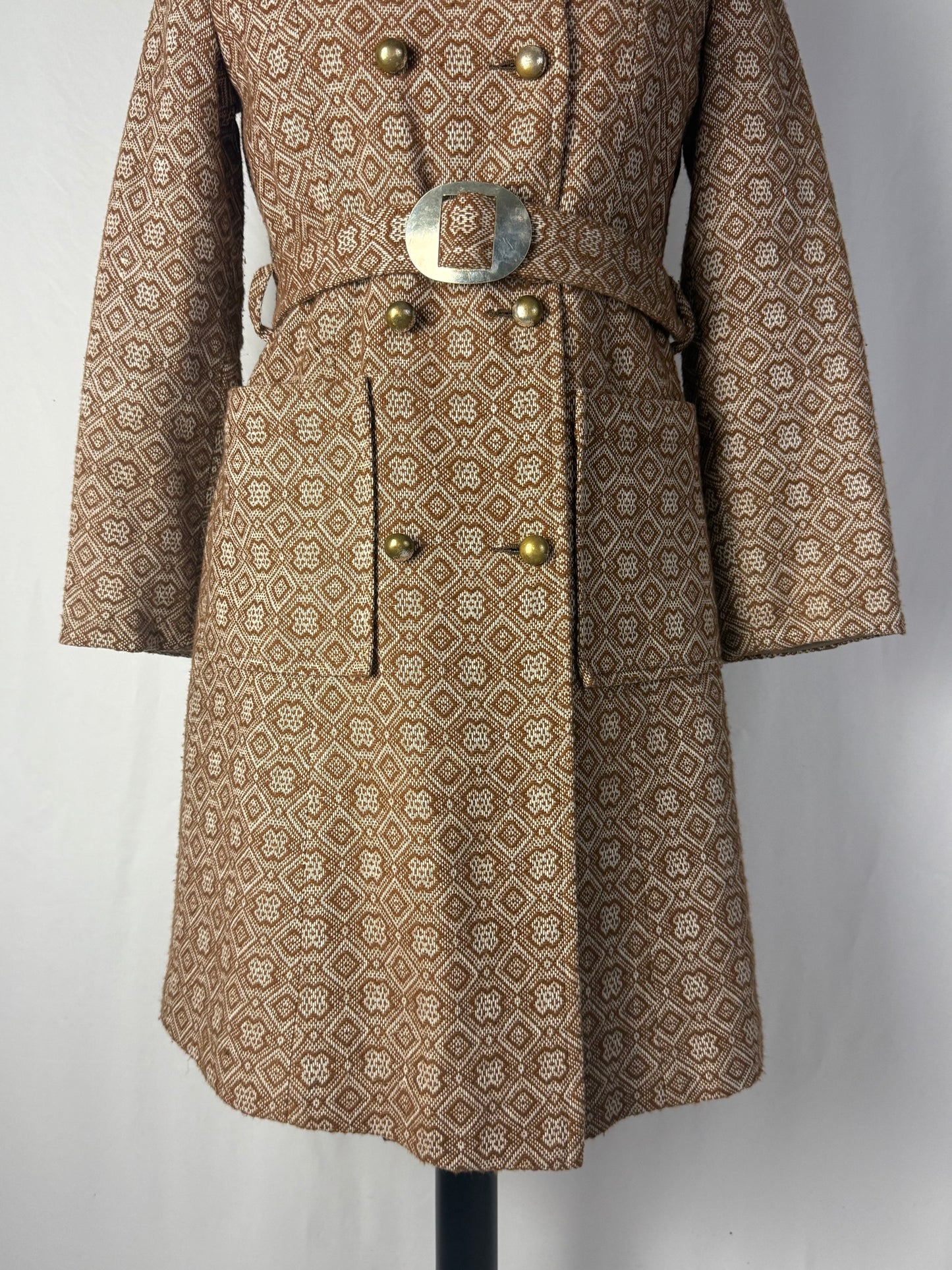 Cappotto anni ’60 in jacquard con cintura e bottoni dorati - TG. 40