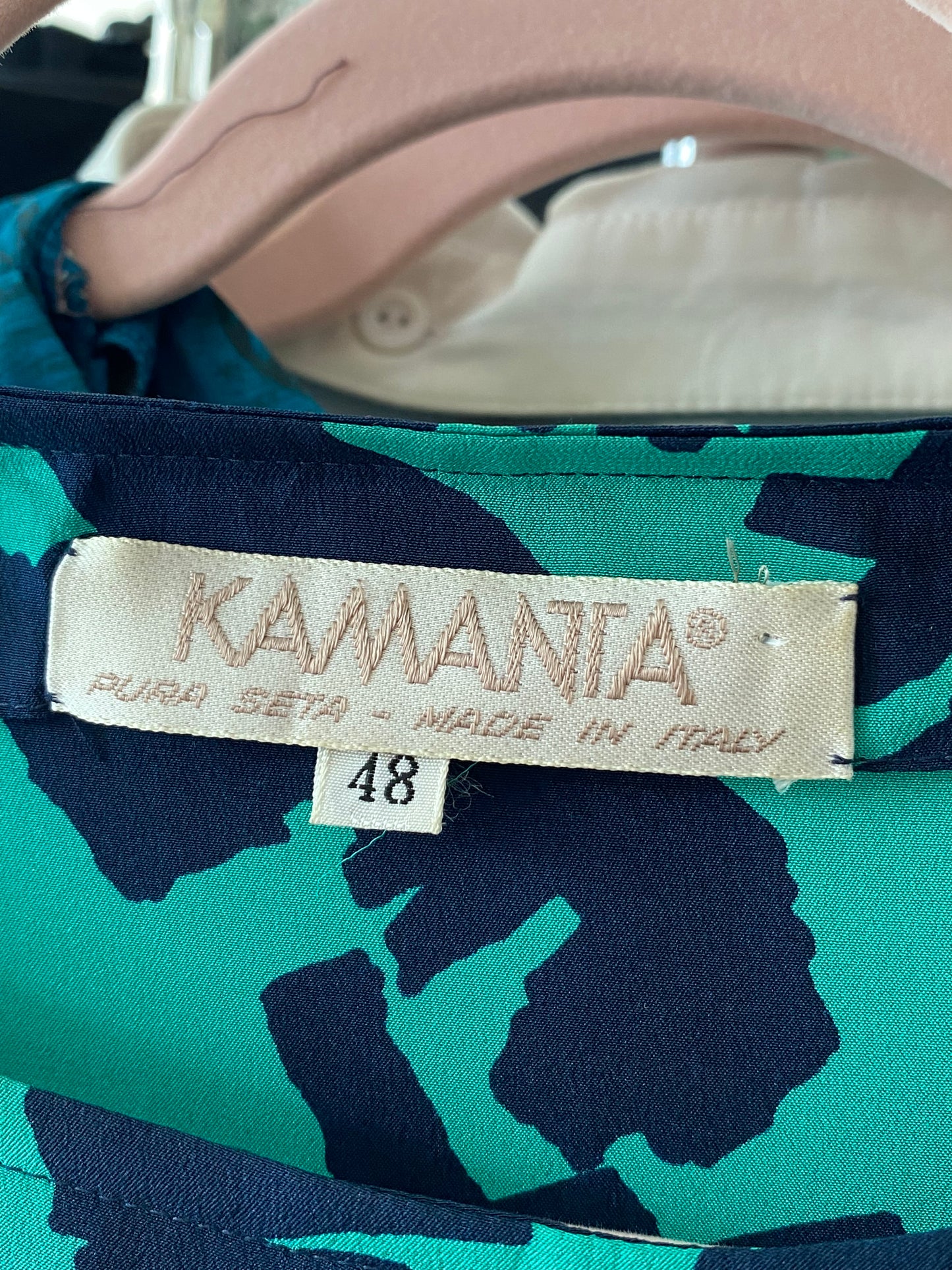 Abito longuette anni ’80 in pura seta – stampa astratta blu e verde - TG. 48/50 circa