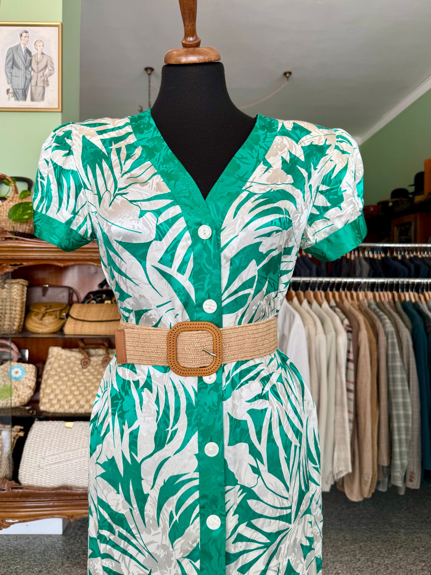 Abito anni ’80 in pura seta stampa tropicale - TG. 44 circa