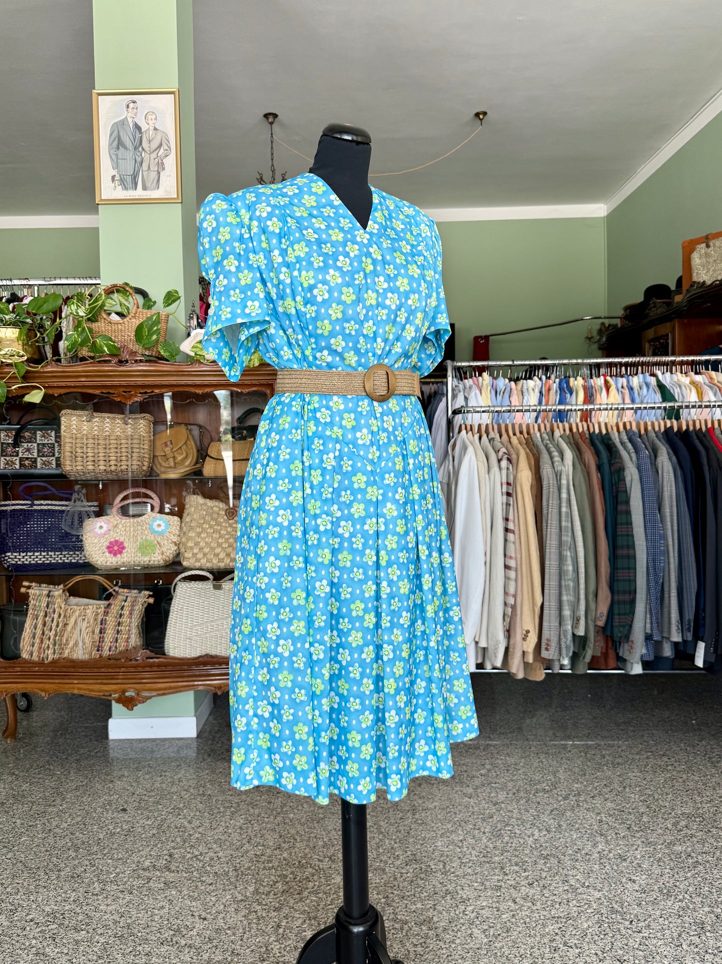 Abito anni ‘80 azzurro con fiori - TG. 52/54