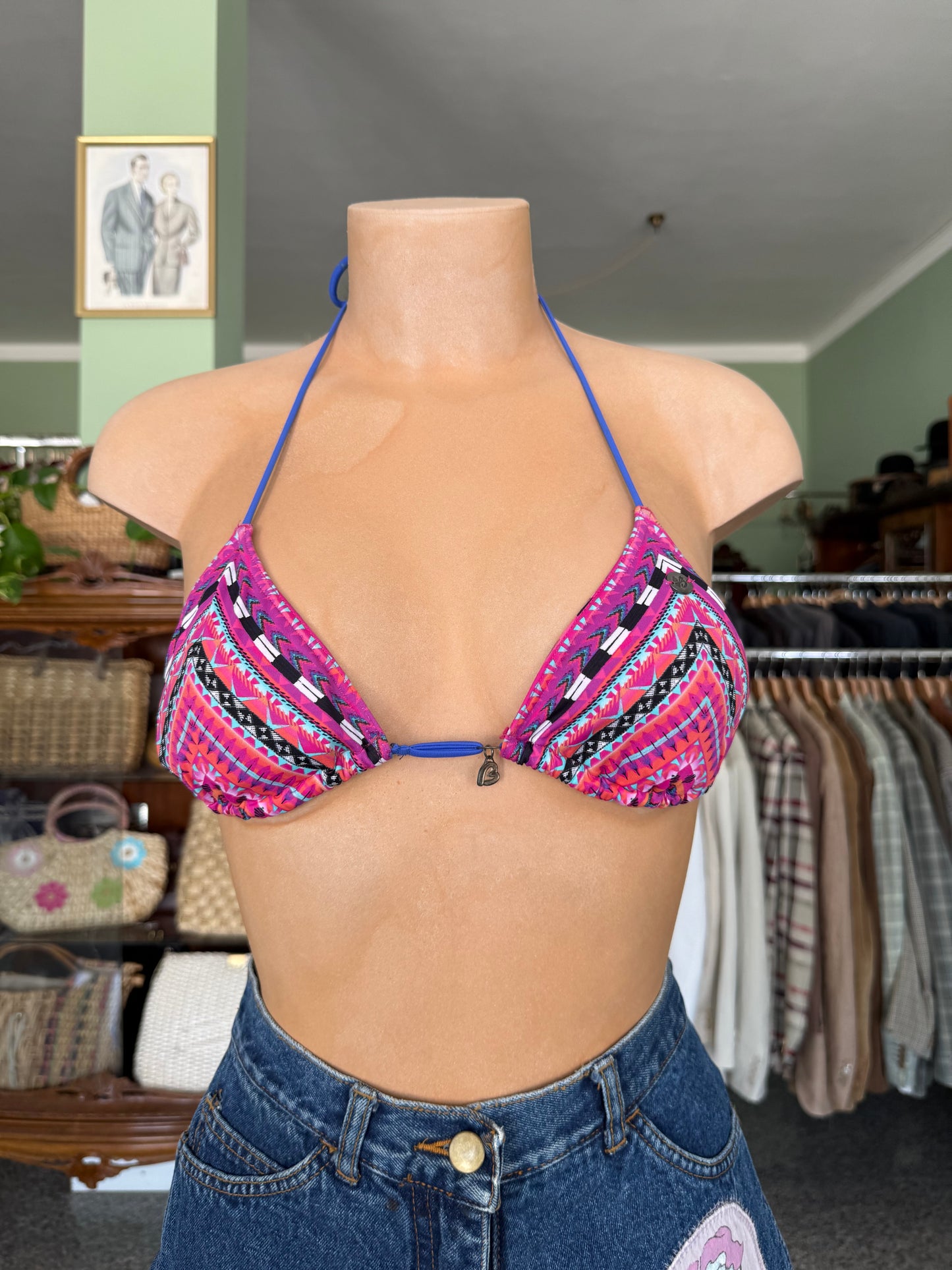 Bikini fucsia etnico con lacci blu - TG. 36/38