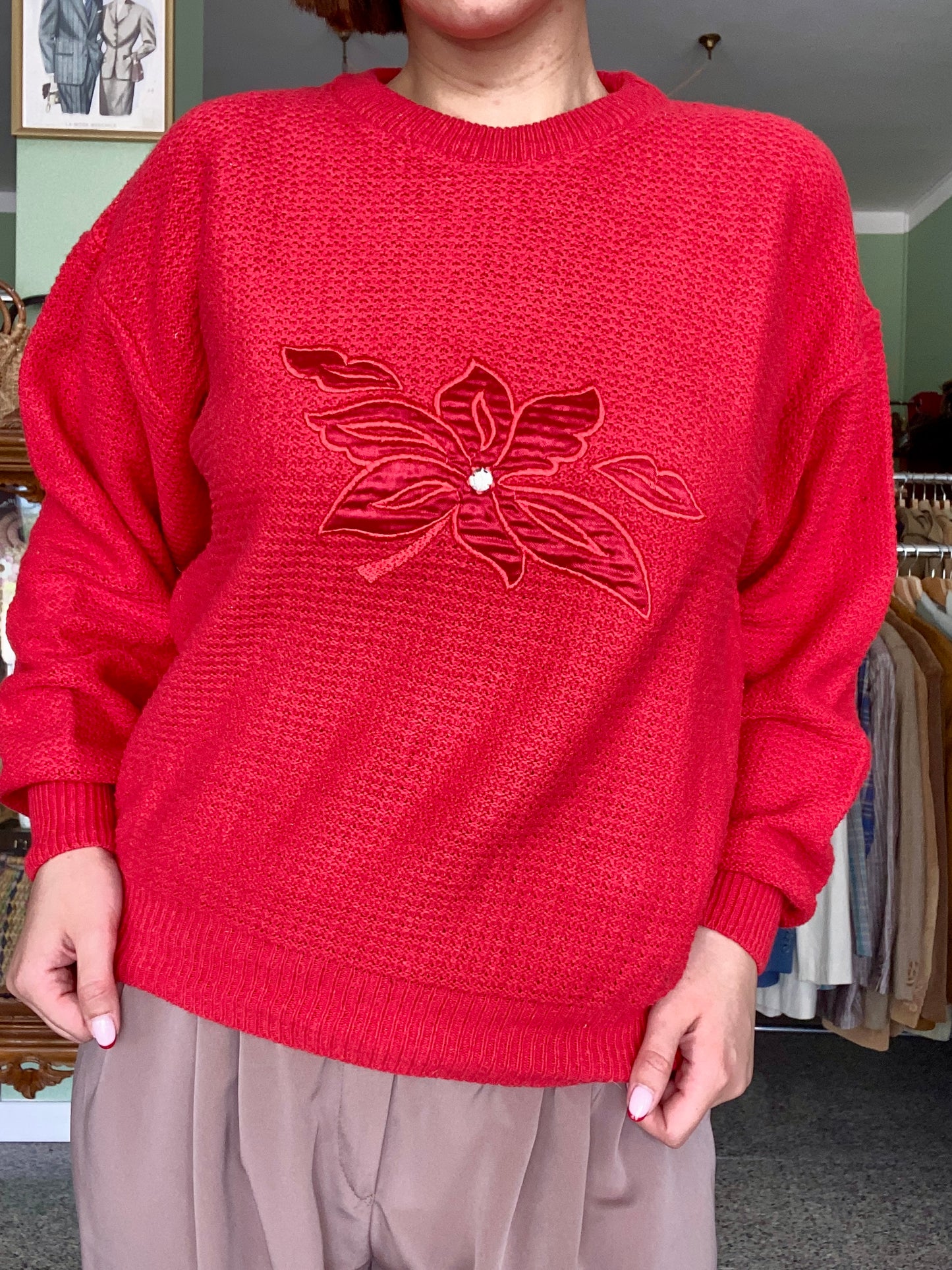 Maglia vintage rossa con ricamo floreale – anni ’80 - TG. 40/42/44 circa