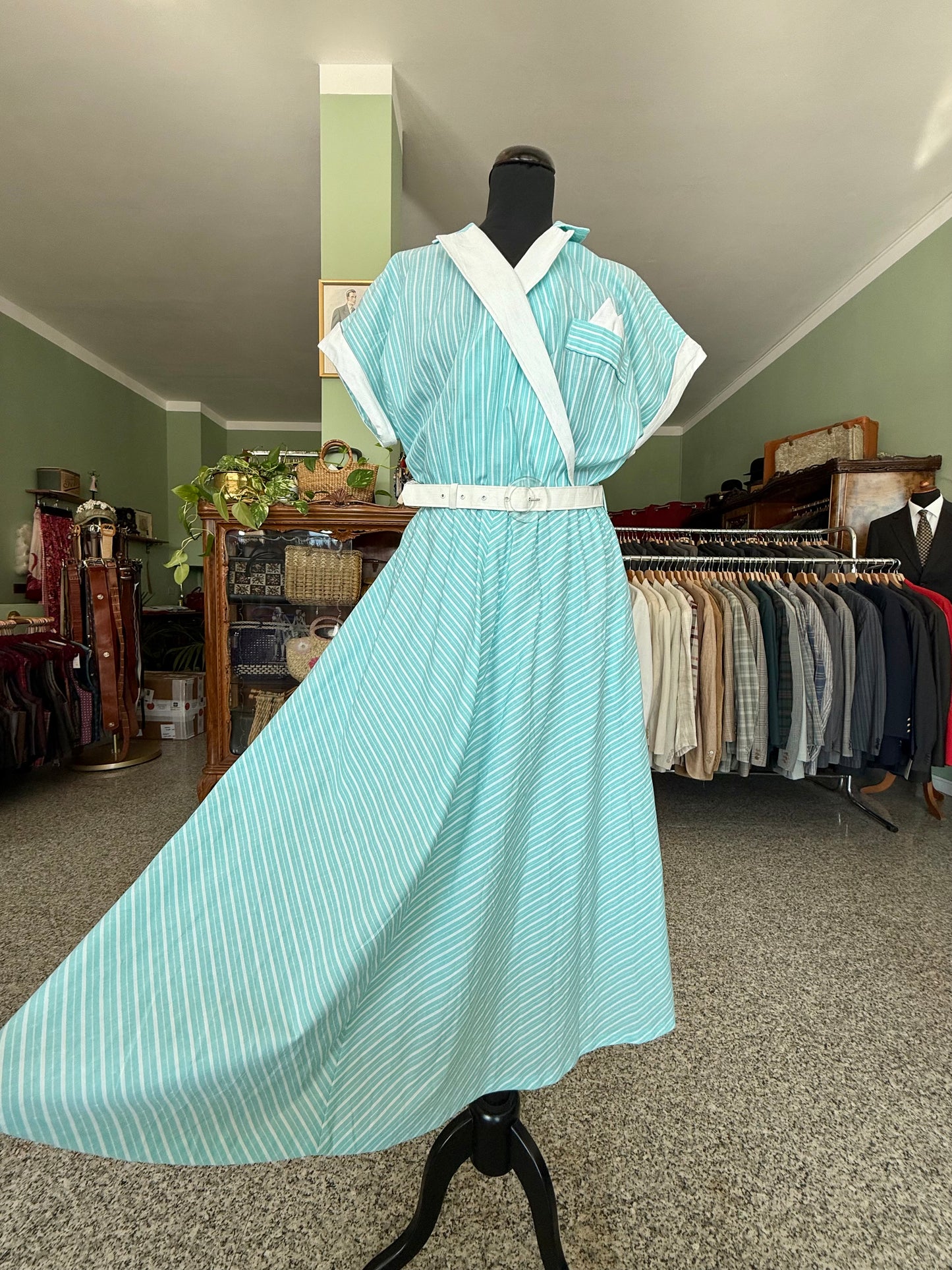 Abito anni ’80 stile rockabilly con righe bianche e turchesi - TG. 46