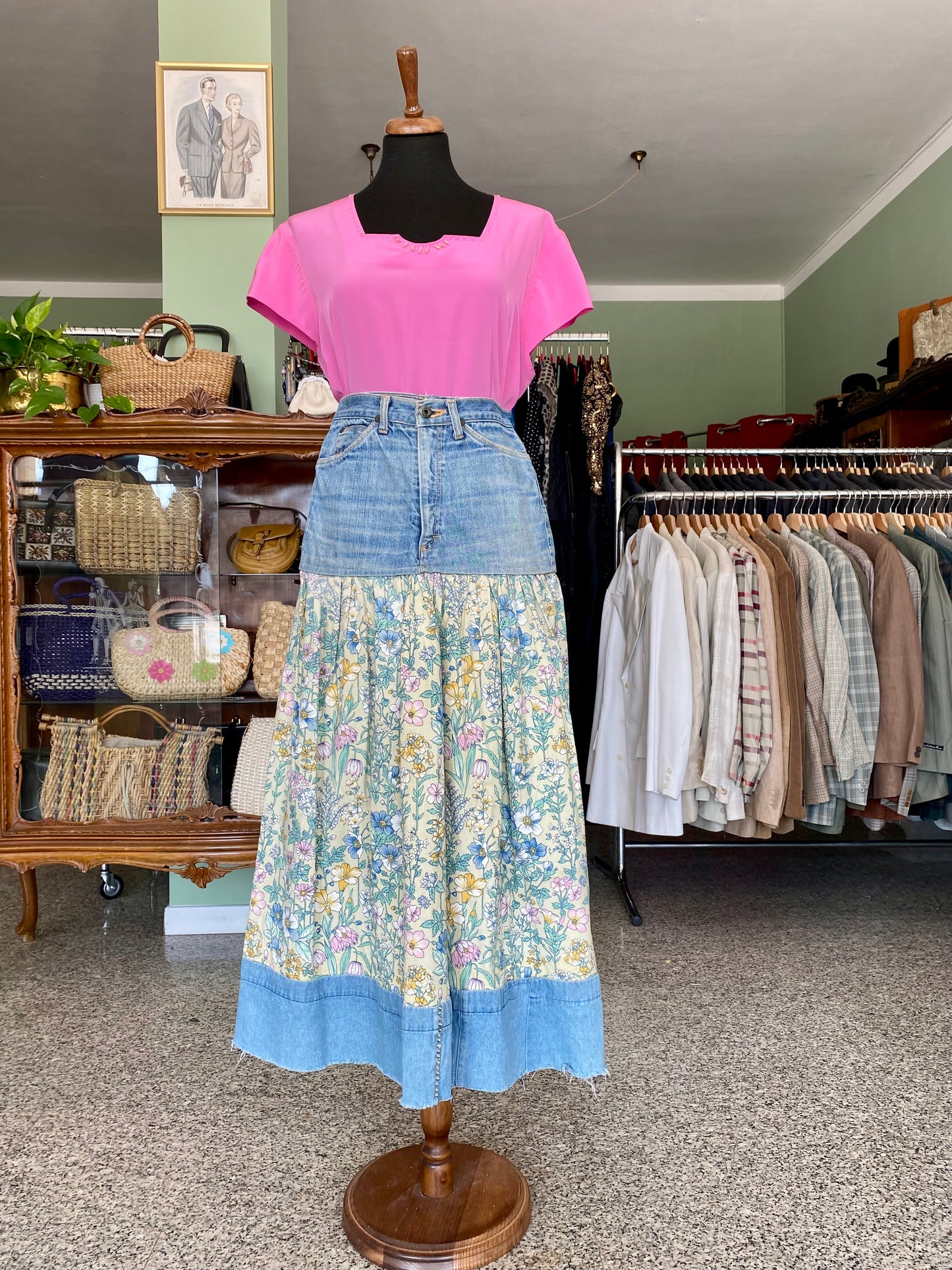 Gonna lunga boho upcycled in jeans e stampa floreale - TG. 38/40