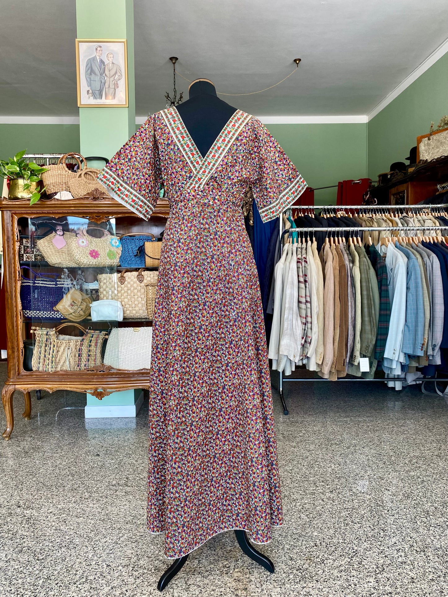 Abito lungo anni '70 in puro cotone floreale - TG. 38/40