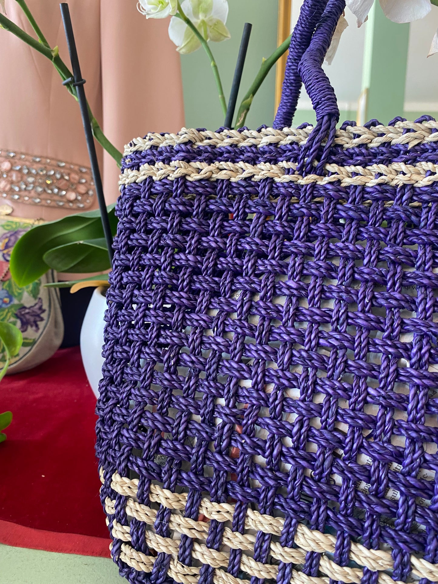 Borsa in rafia viola e naturale