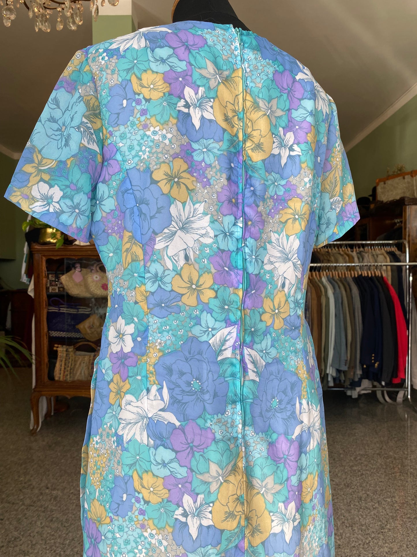 Abito vintage anni ’60 in Trevira Georgette a fiori – pieghe laterali - TG. 42 circa
