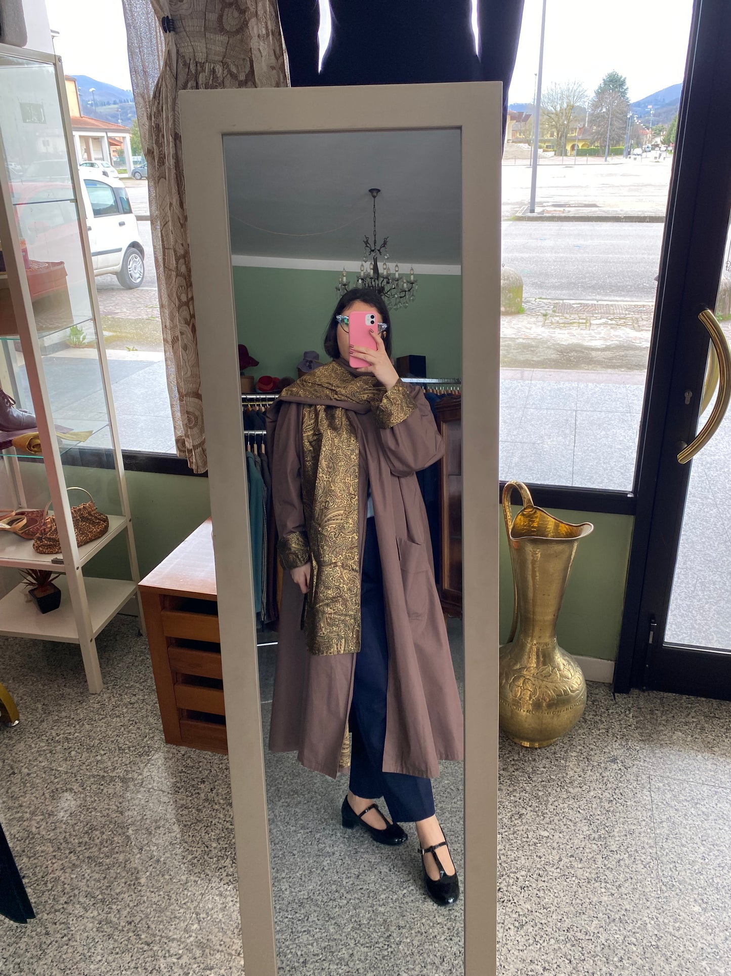 Trench Cioccolato con Sciarpa e fodera oro in Paisley - TG. 48/50/52