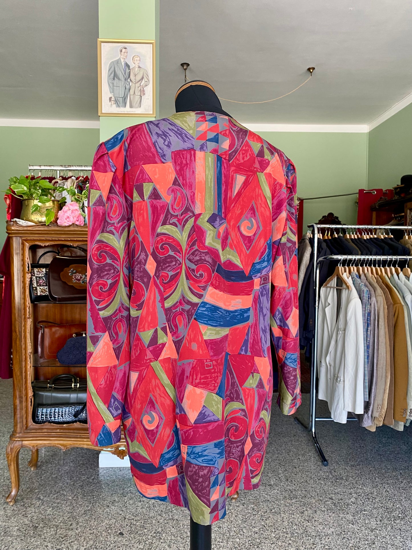 Completo vintage anni ’80 — camicia e gonna in stampa geometrico-tribale multicolor - TG. 46