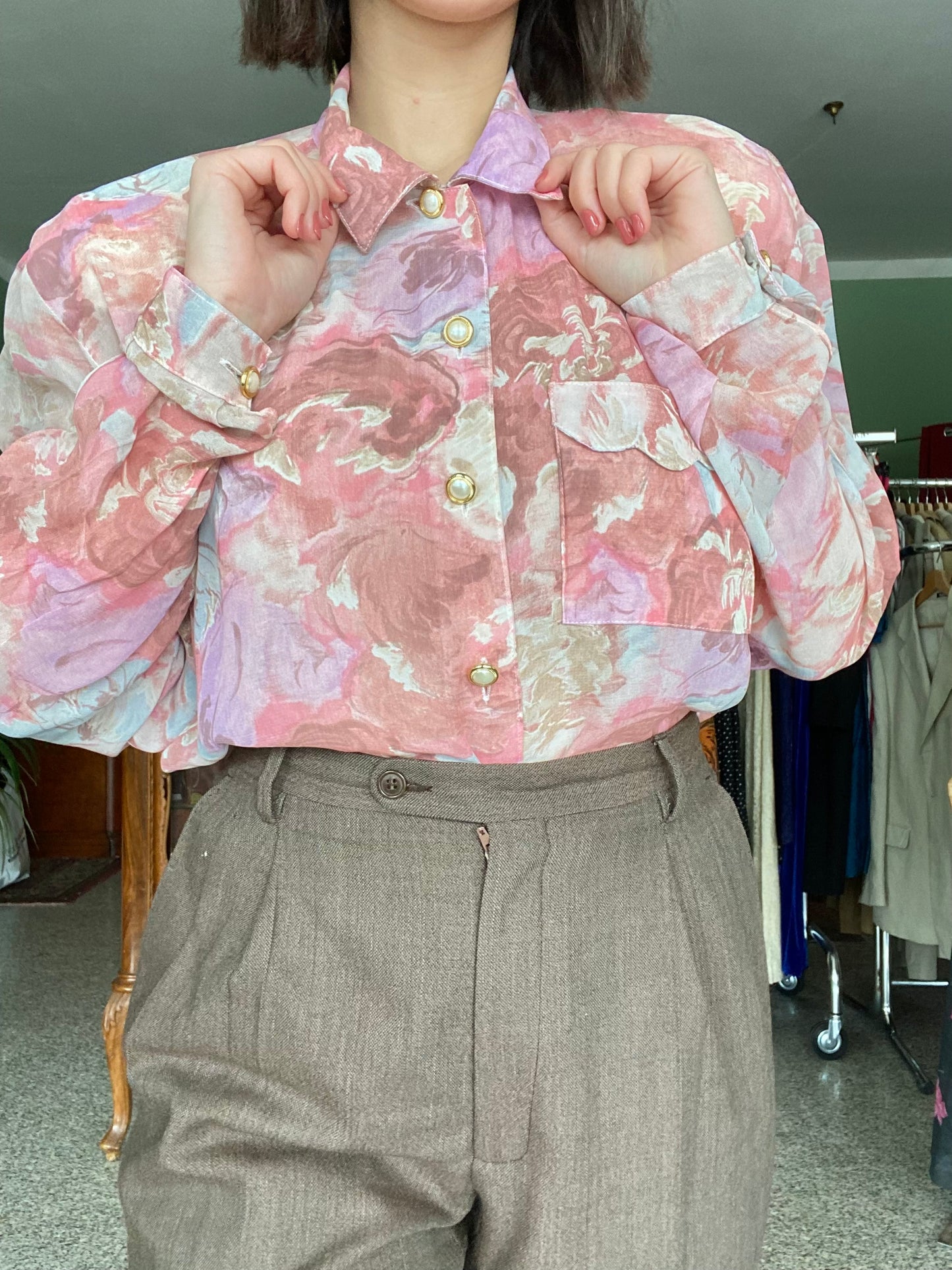 Camicia anni ‘80 stampa floreale rosa - TG. da 42 a 48