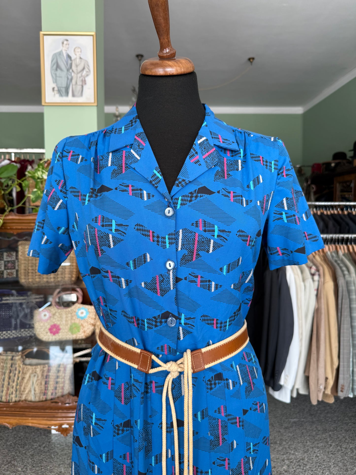 Abito anni ‘70 blu con fantasia astratta - TG. 42 circa