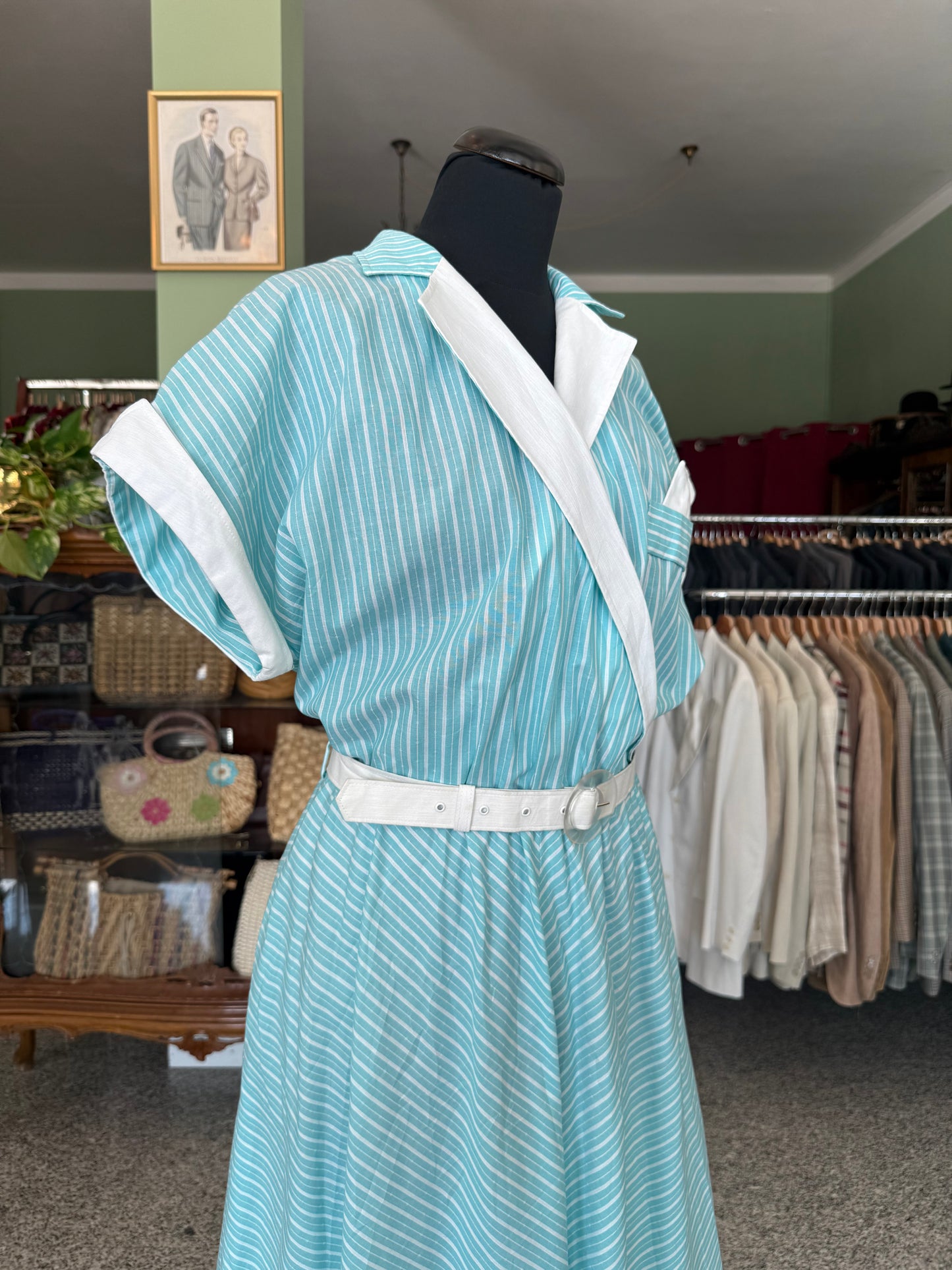 Abito anni ’80 stile rockabilly con righe bianche e turchesi - TG. 46