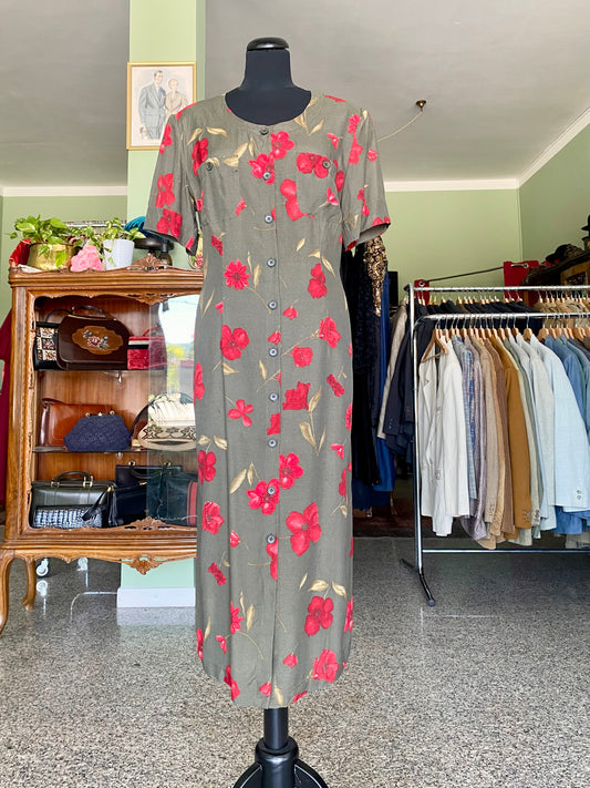 Abito chemisier verde oliva con fiori rossi - TG. 46/48