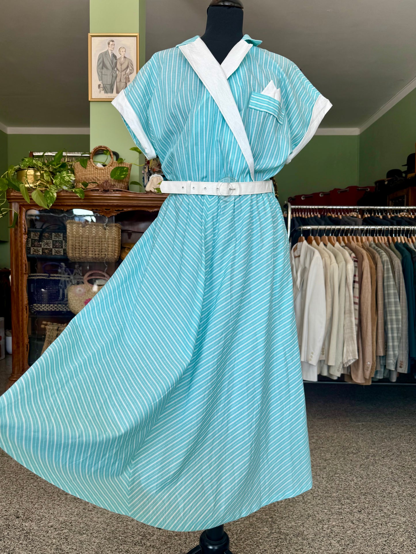 Abito anni ’80 stile rockabilly con righe bianche e turchesi - TG. 46