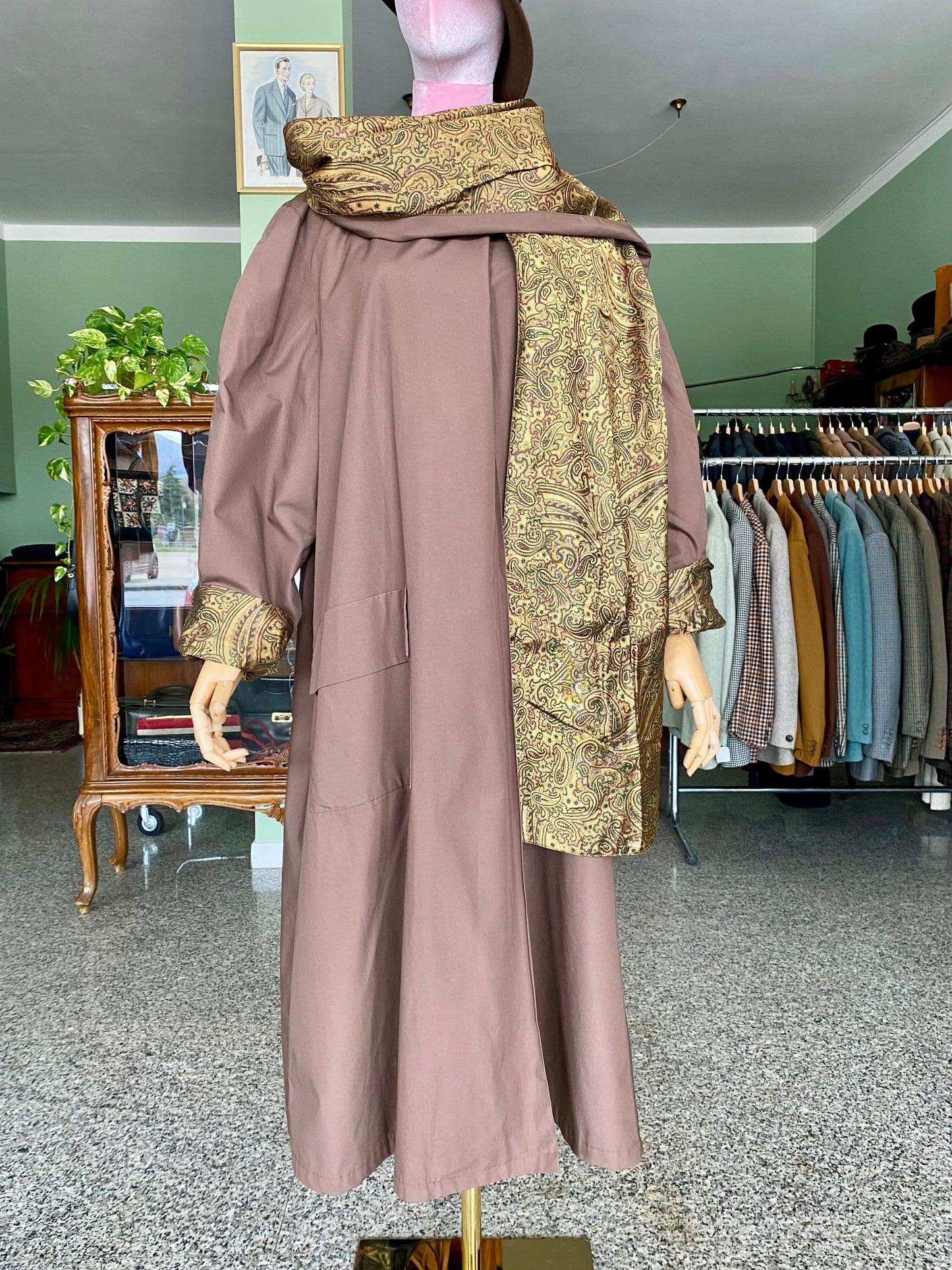 Trench Cioccolato con Sciarpa e fodera oro in Paisley - TG. 48/50/52