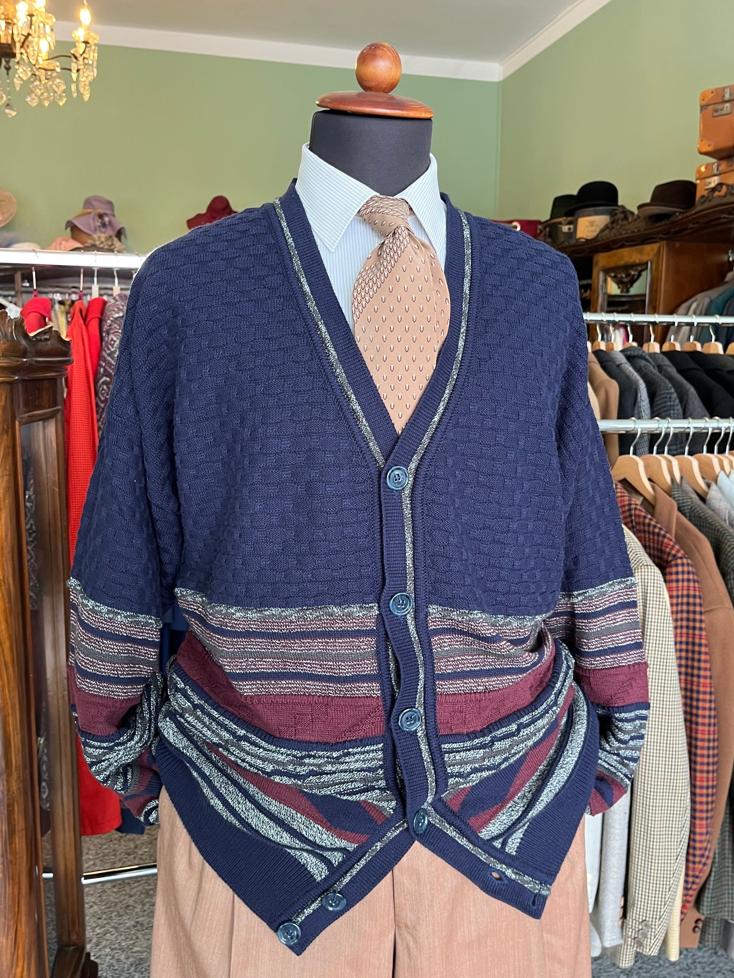 Cardigan anni ‘80 blu e borgogna