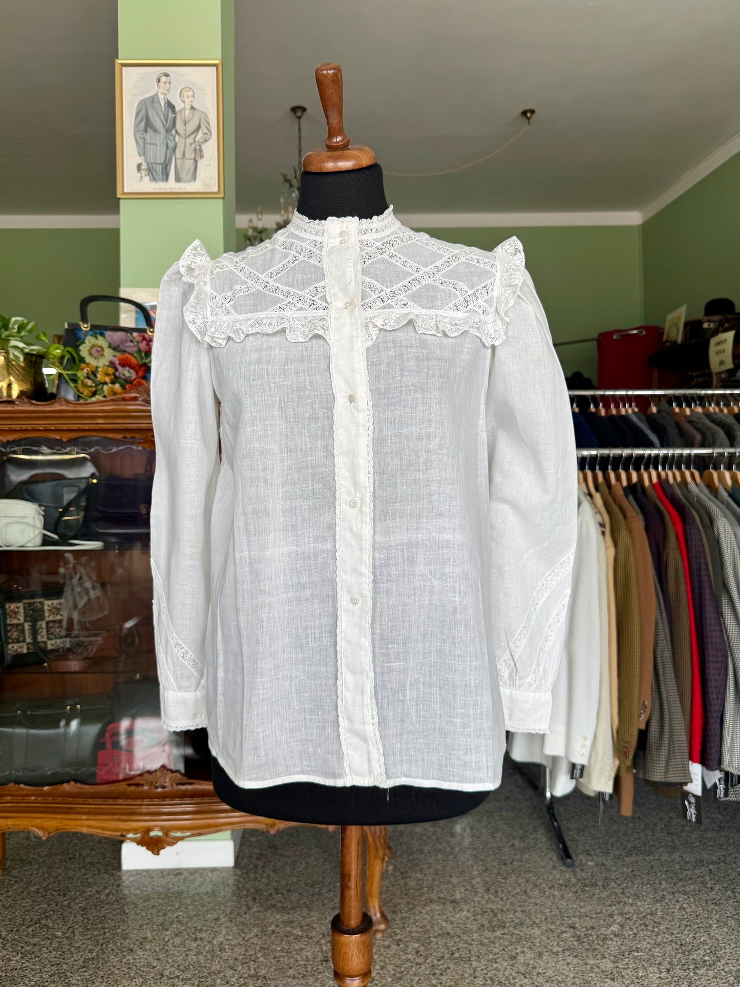 Camicia anni ‘40/‘50 in mussola di cotone e pizzo - TG. 40/42