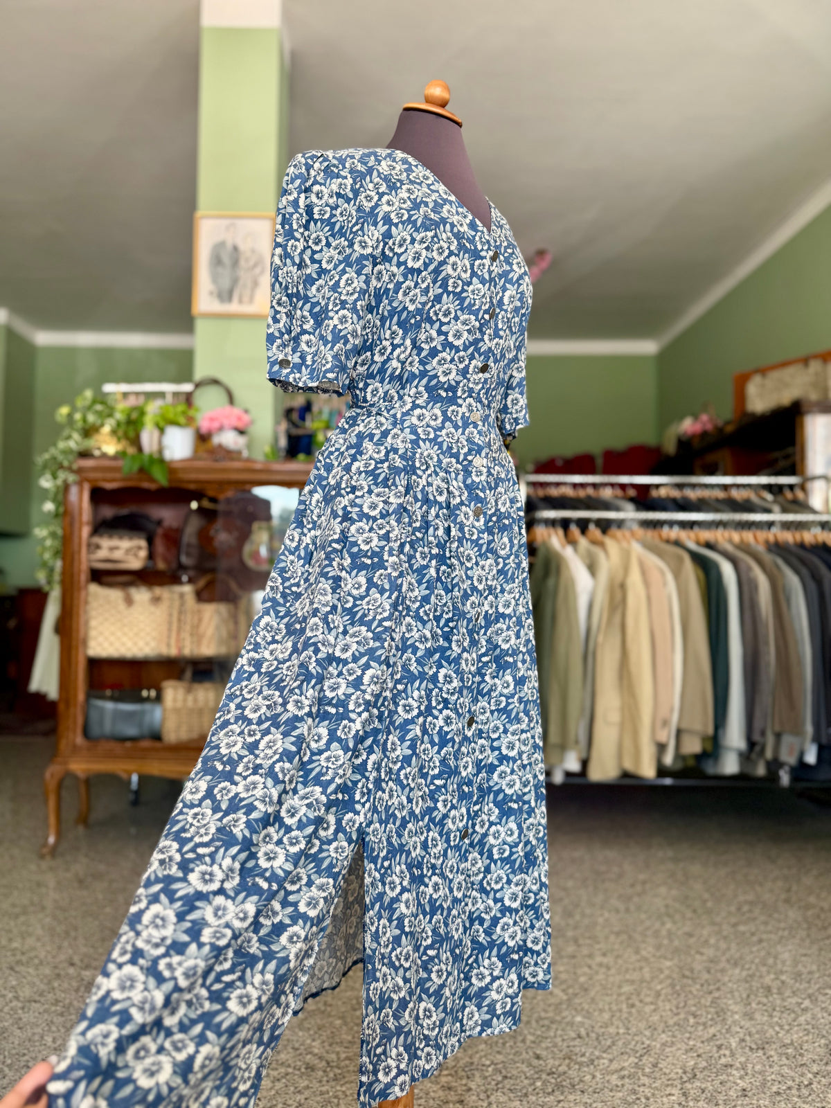Azzurro fiori viscosa Lino