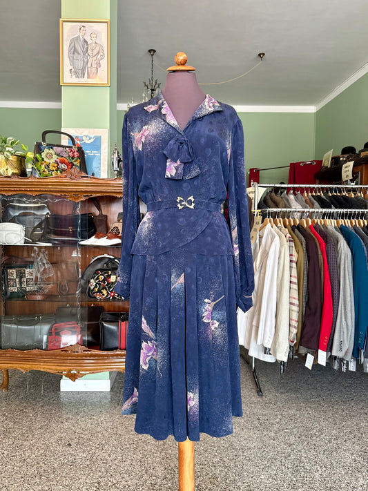 Abito blu in seta con fiori lilla - TG. 46/48