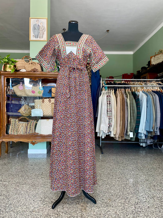 Abito lungo anni '70 in puro cotone floreale - TG. 38/40