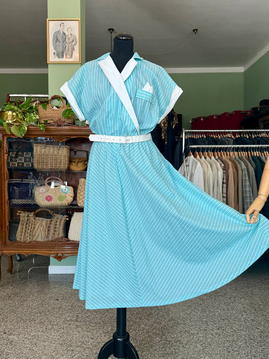 Abito anni ’80 stile rockabilly con righe bianche e turchesi - TG. 46