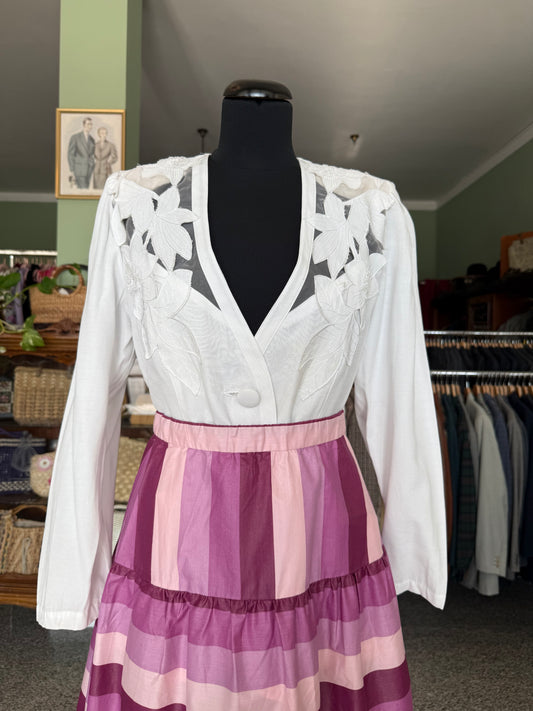 Giacca - camicia bianca anni ’80 con ricami floreali traforati- TG. 44