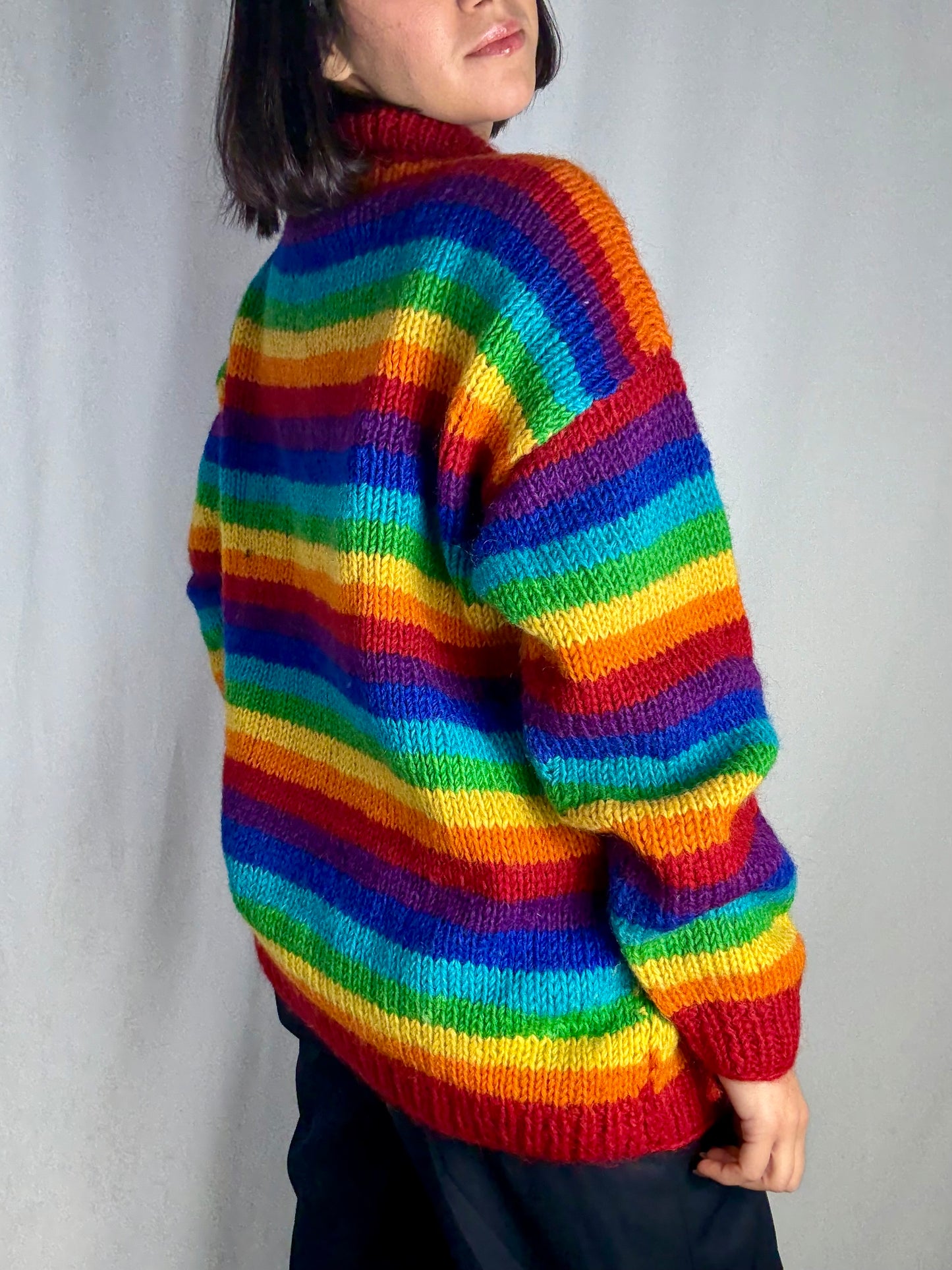Cardigan in lana artigianale arcobaleno a righe - TG. 46/48/50