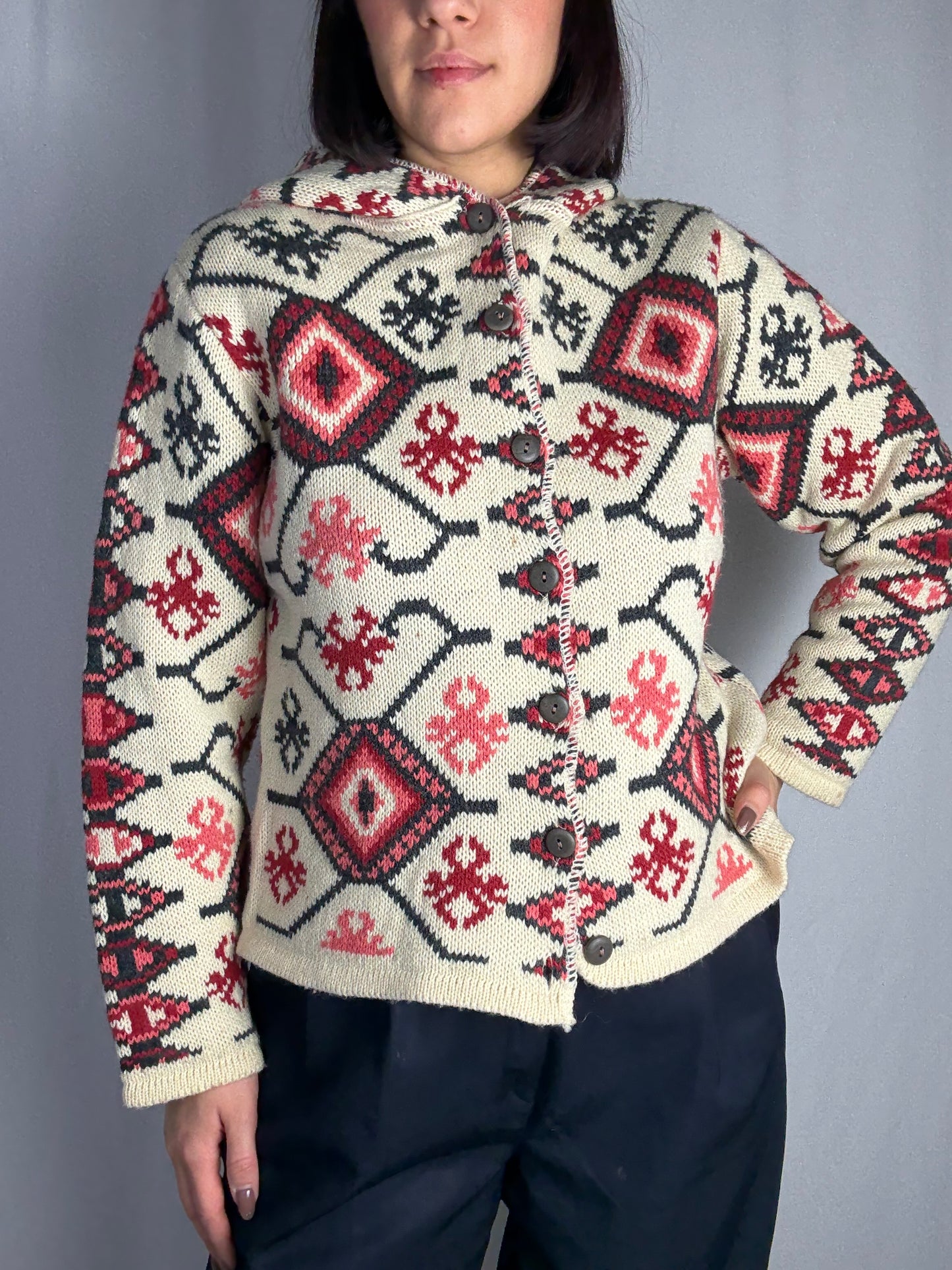 Cardigan vintage jacquard con cappuccio - TG. 38/40