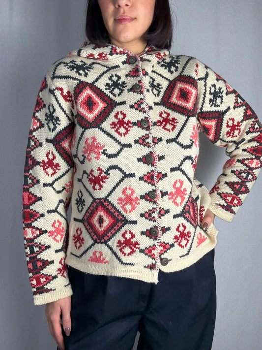 Cardigan vintage jacquard con cappuccio - TG. 38/40