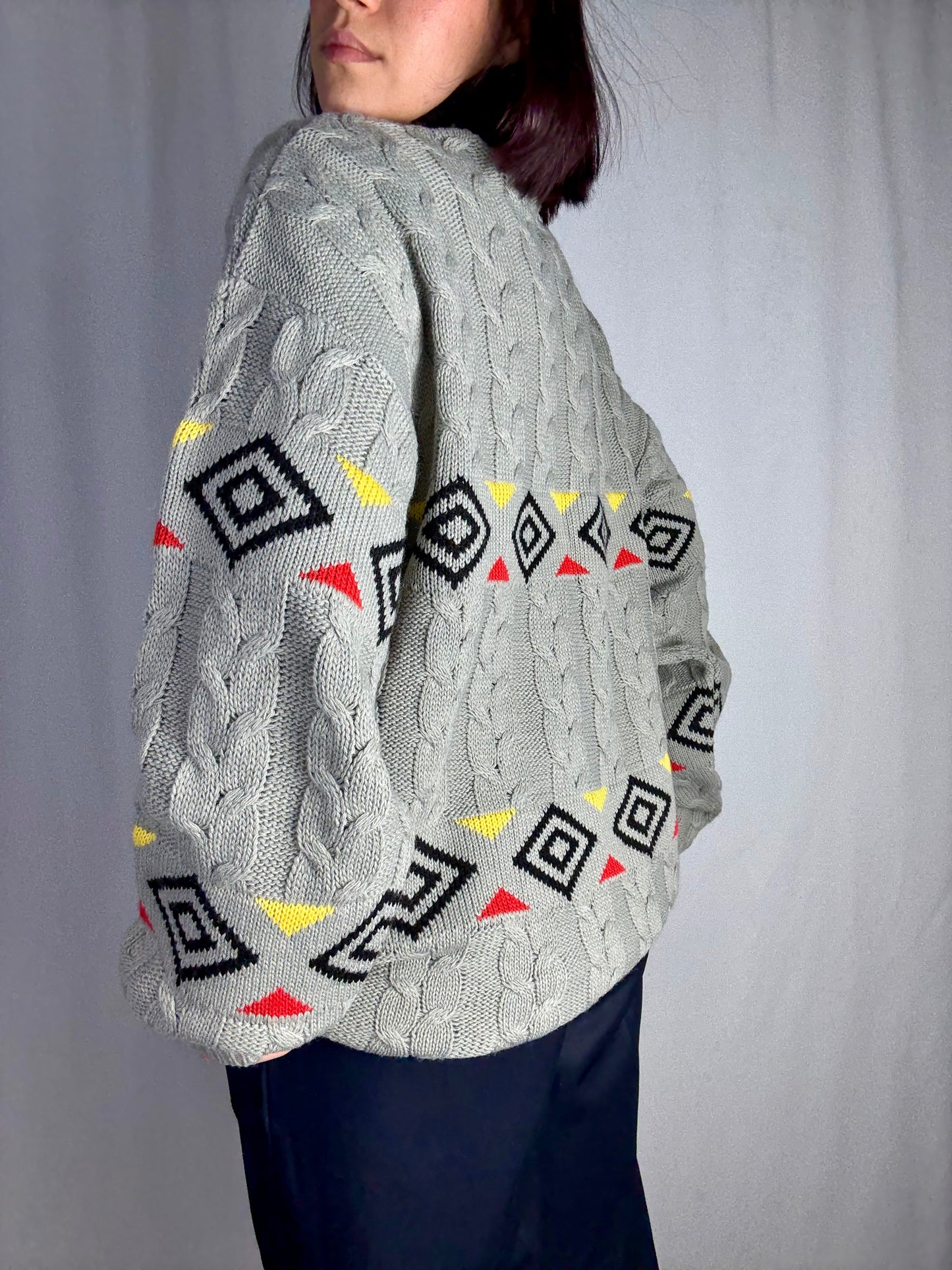 Maglione vintage grigio trecce con motivo geometrico - TG. 46/48/50