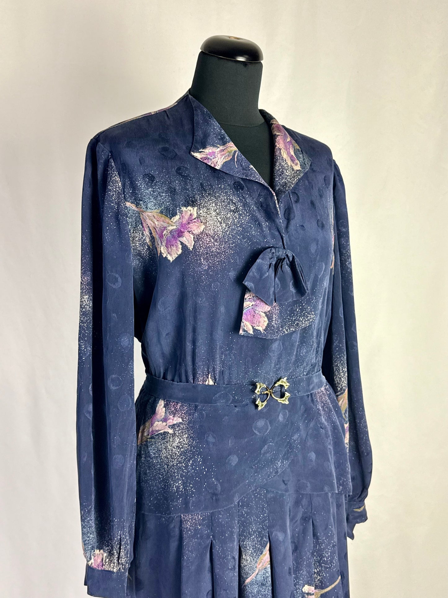Abito blu in seta con fiori lilla - TG. 46/48