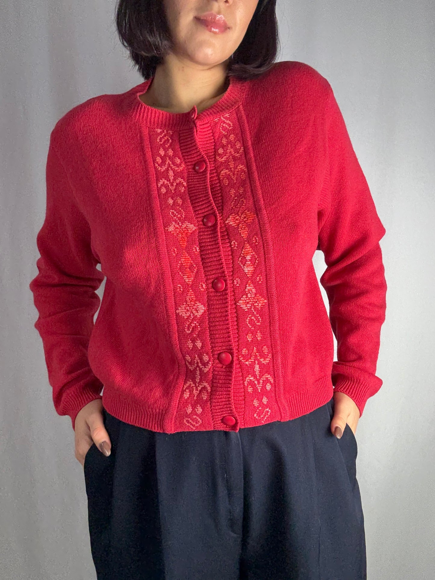 Cardigan in lana rosso con pannello jacquard ton-sur-ton - TG. 44
