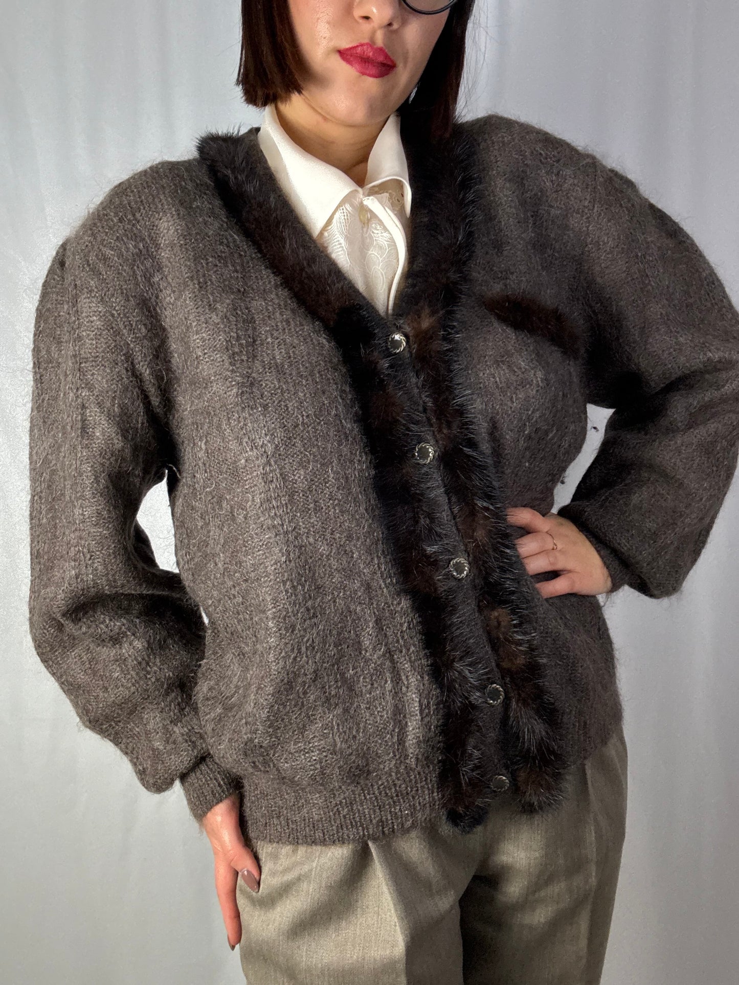 Cardigan Vintage in Mohair con Bordo in Visone – Eleganza Anni ’80 - TG. 48/50