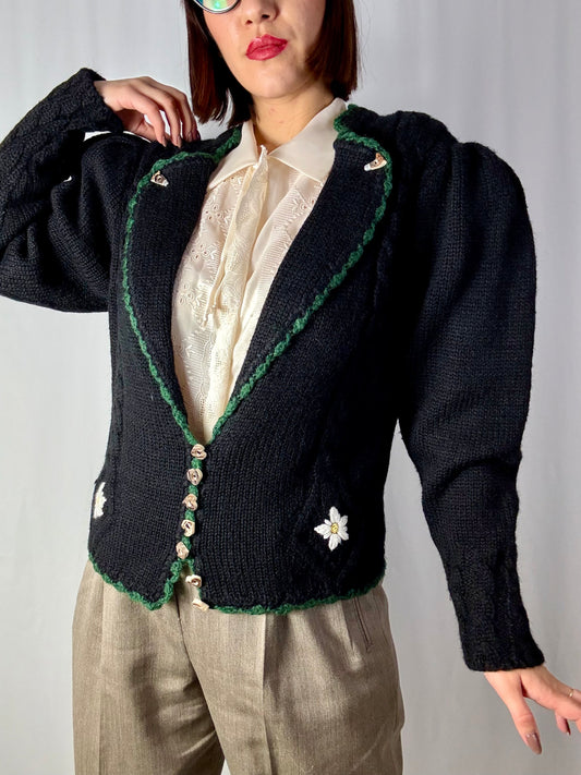 Cardigan Tirolese Vintage in Pura Lana – Ricami Edelweiss e Bottoni in Legno 🪵 - TG. 44/46