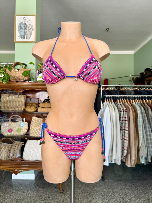 Bikini fucsia etnico con lacci blu - TG. 36/38