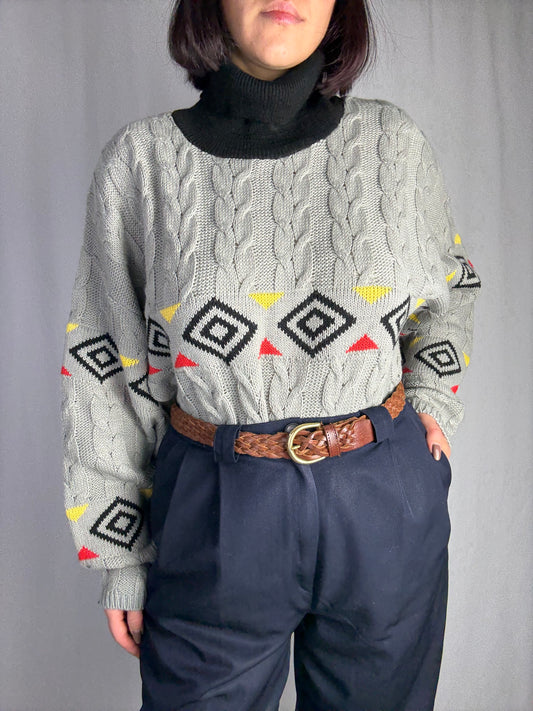 Maglione vintage grigio trecce con motivo geometrico - TG. 46/48/50