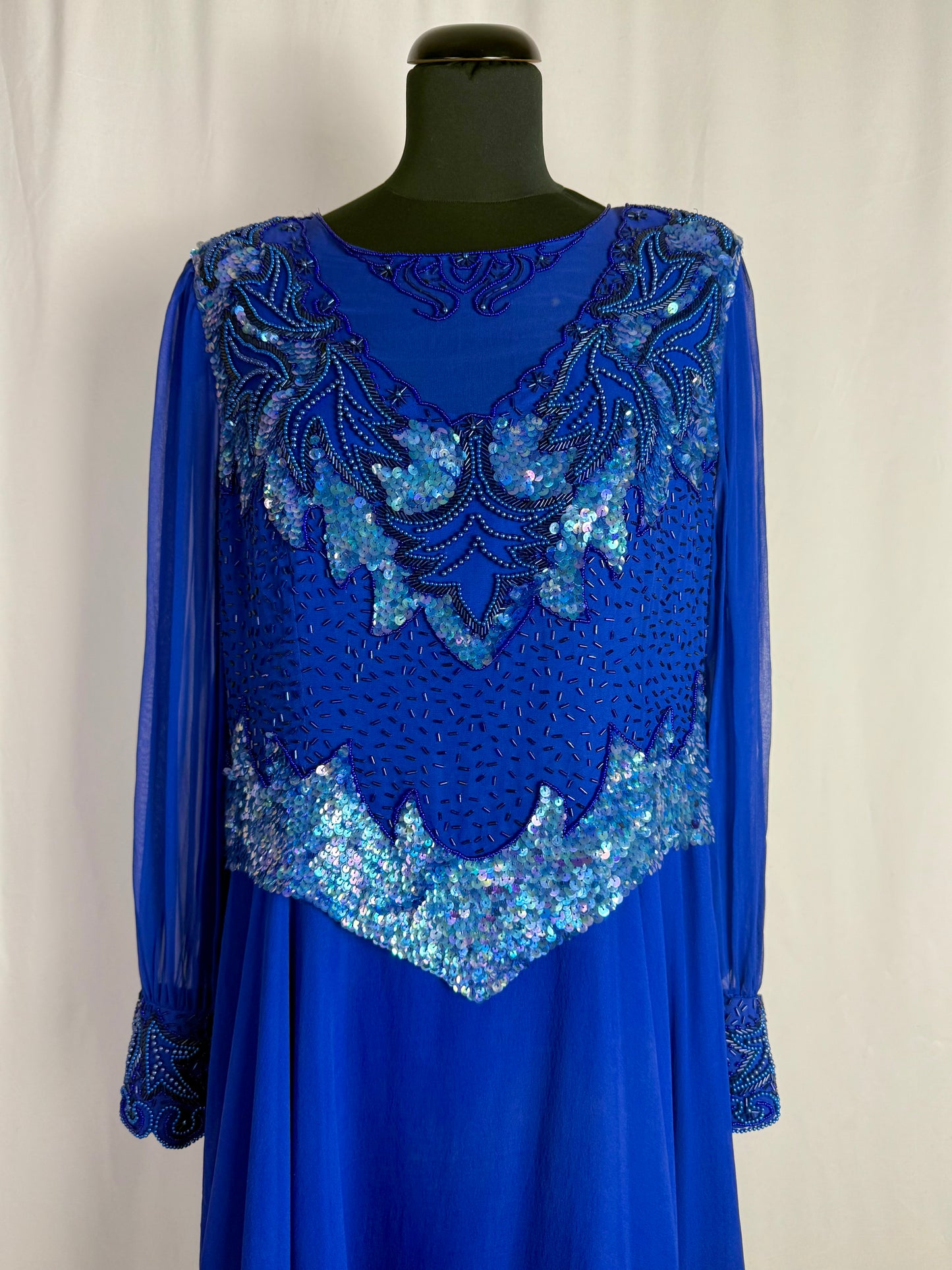 Abito anni ‘80 in seta blu Royal con ricami - TG. 44