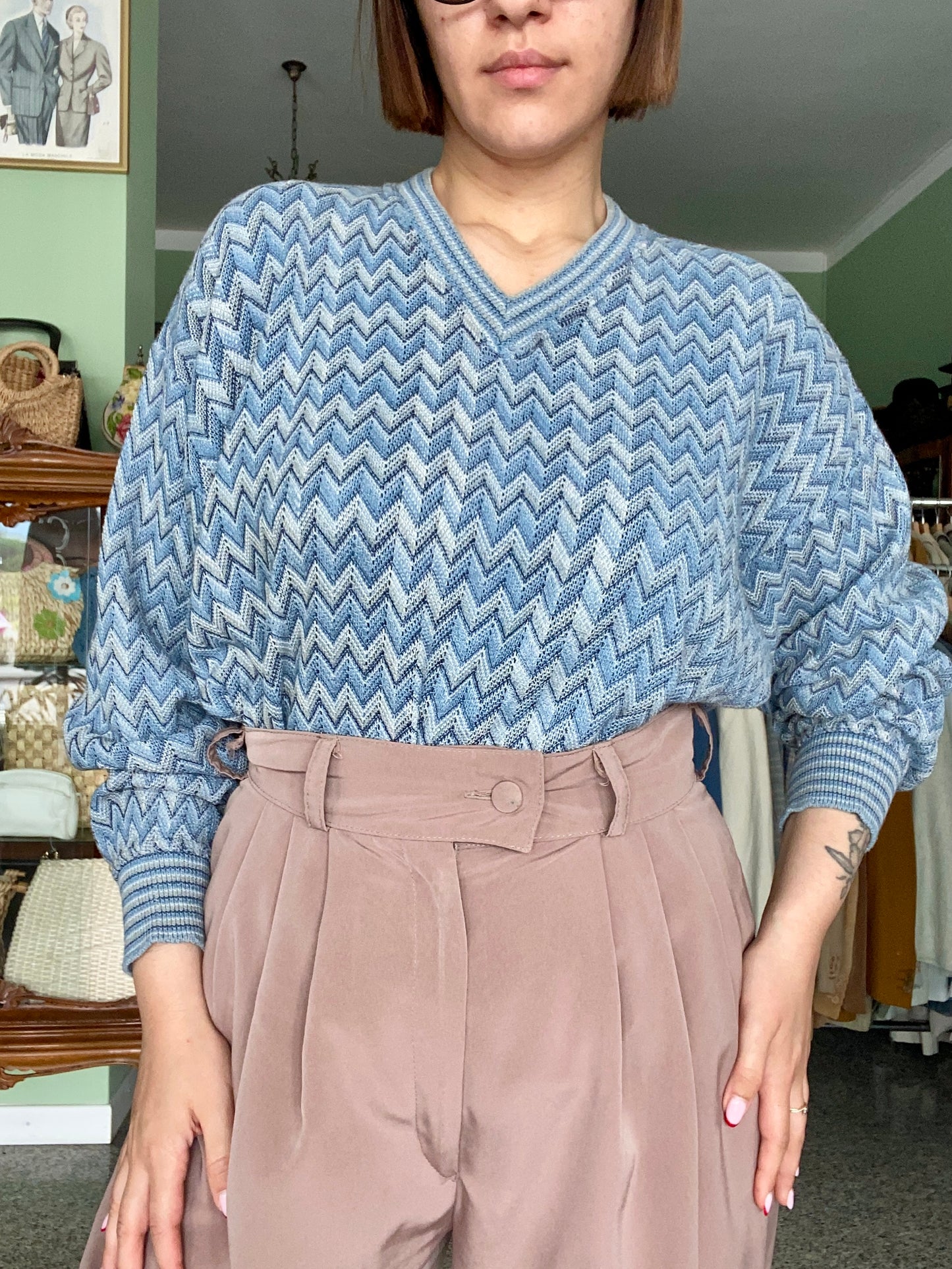 Maglione vintage GioFerrari a zig zag blu anni ‘90 - TG. 48/50