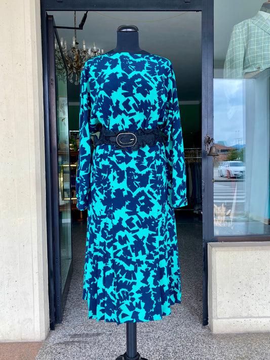Abito longuette anni ’80 in pura seta – stampa astratta blu e verde - TG. 48/50 circa
